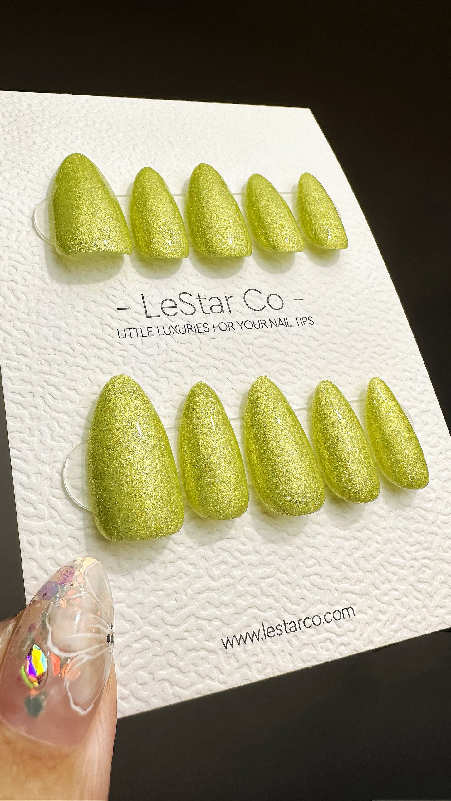 Reusable Vivid Green Shimmering | Nails Premium Press on Nails Gel Manicure | Fake Nails | Handmade | Lestarco faux nails 491zz