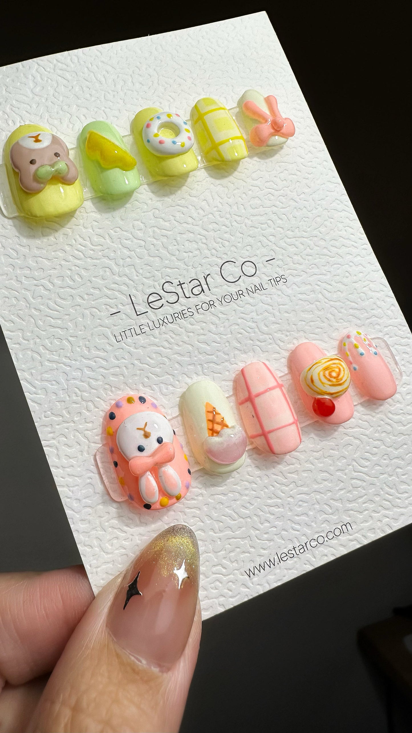 Reusable Bear and Bunny | Premium Press on Nails Gel Manicure | Fake Nails | Handpainted by Professional Nail Faux Nails YR579