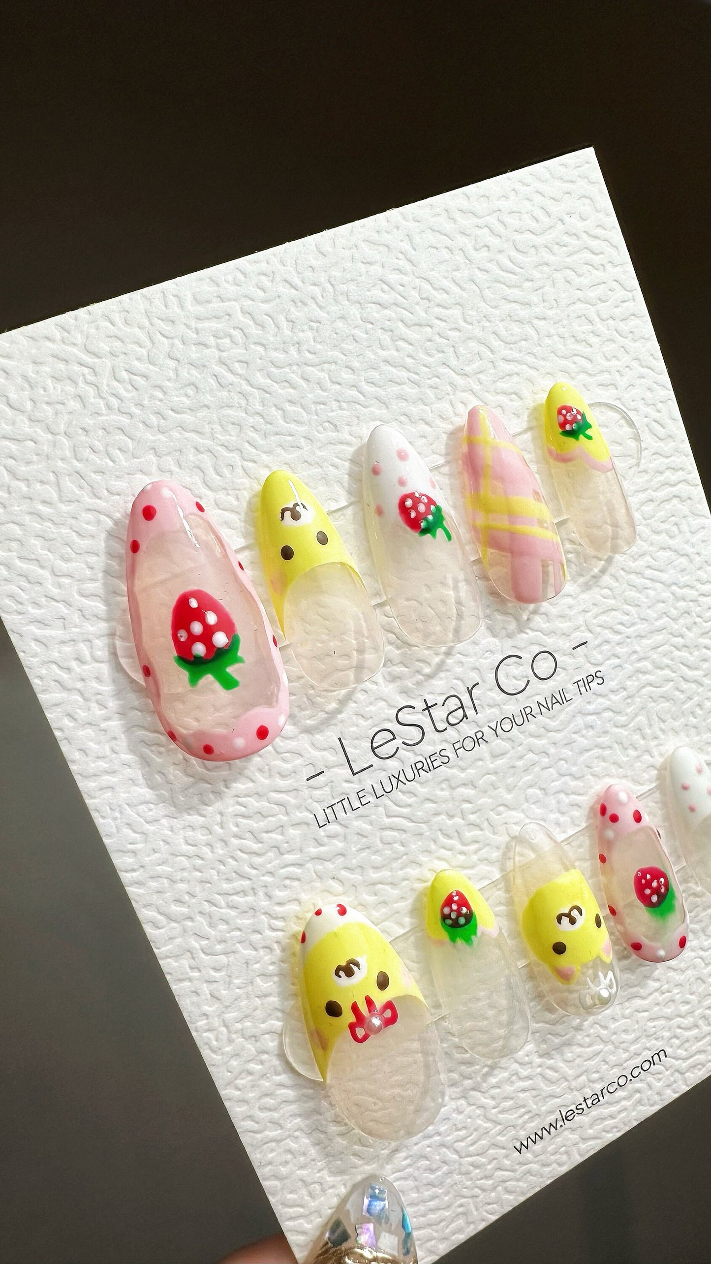 Reusable Strawberry Cute Bear | Premium Press on Nails Gel Manicure Handprint Pressons Handmade | Lestarco faux nails YR677