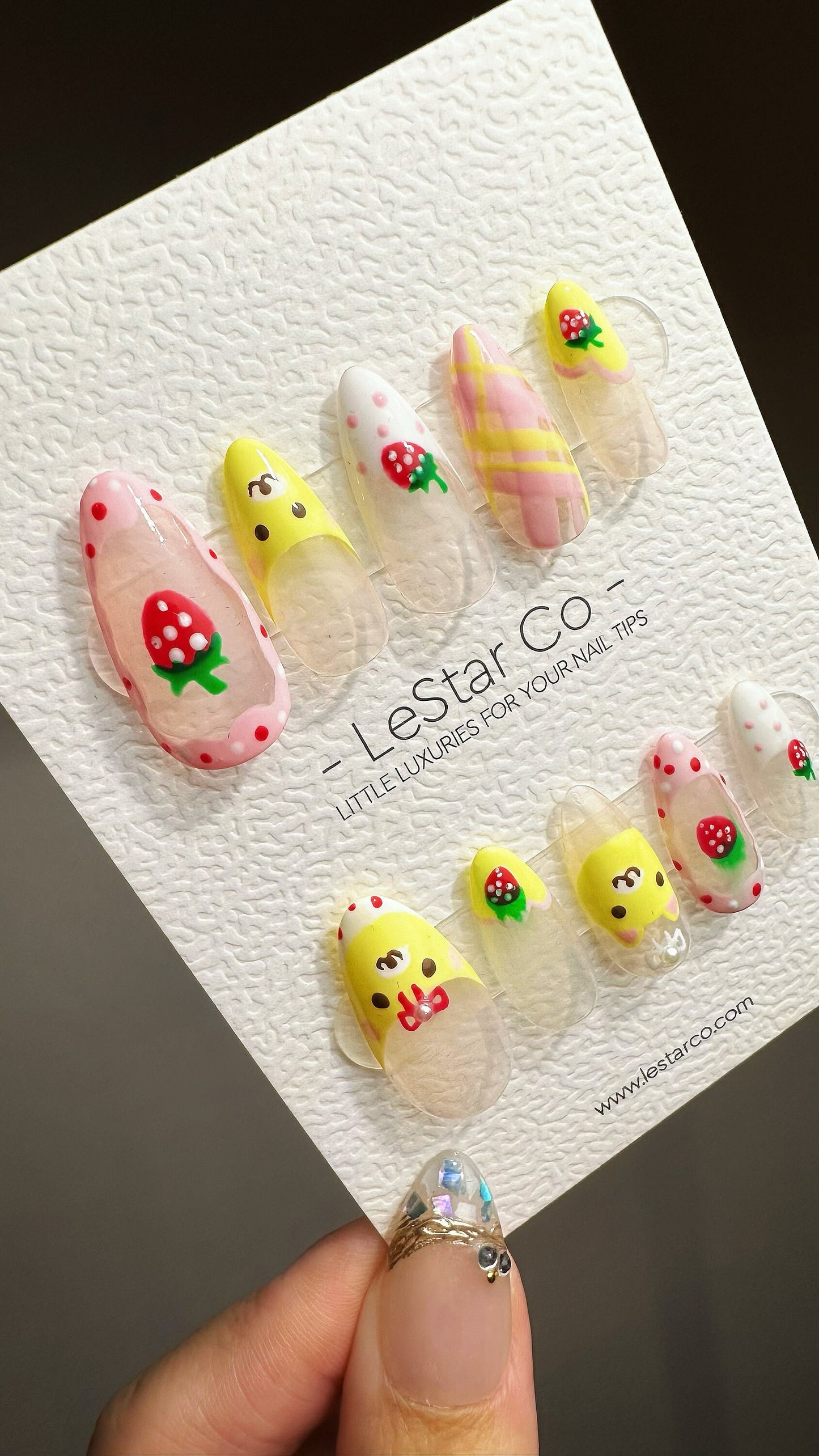 Reusable Strawberry Cute Bear | Premium Press on Nails Gel Manicure Handprint Pressons Handmade | Lestarco faux nails YR677