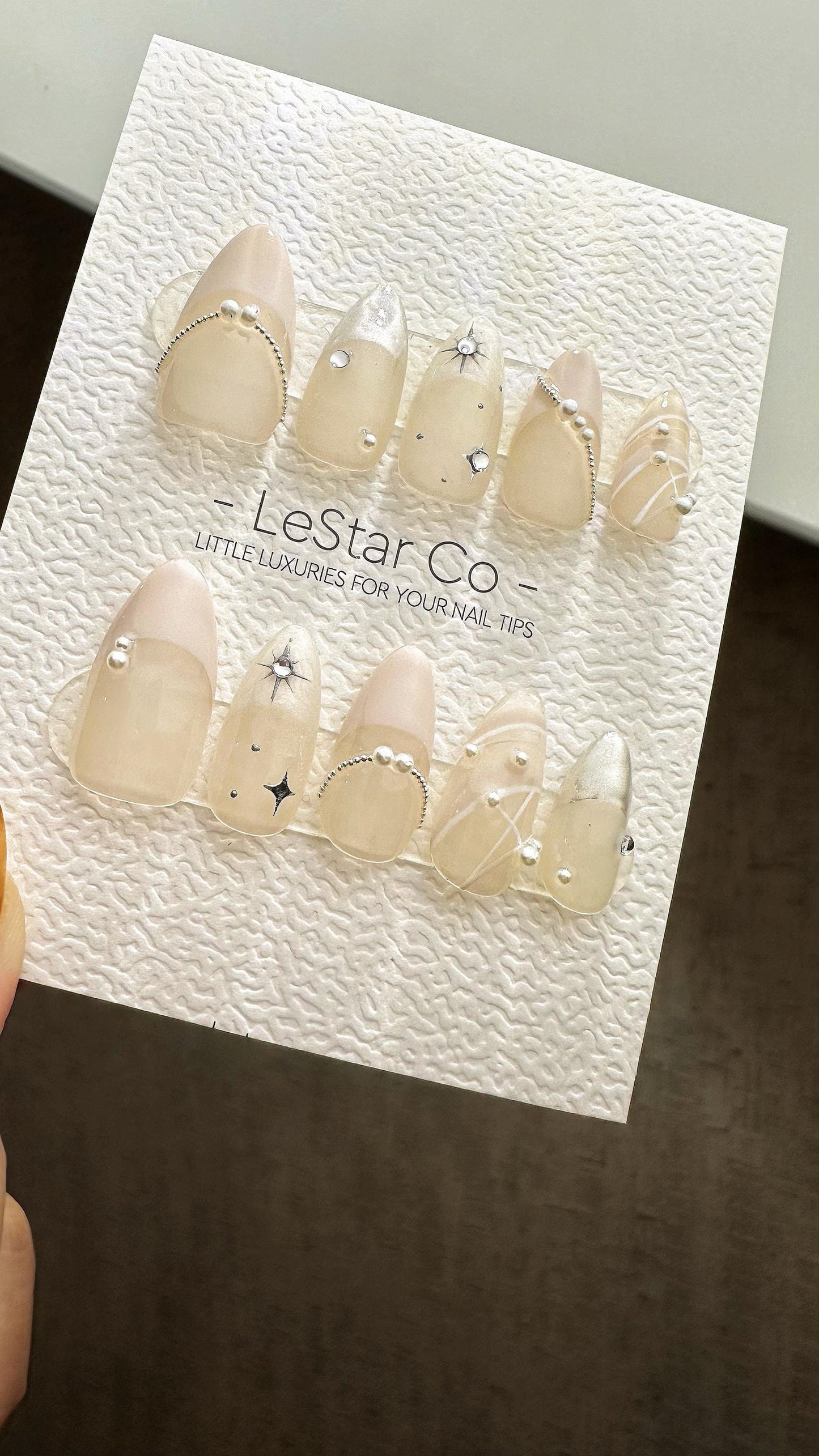Reusable Starry Pearly French Tip| Premium Press on Nails Gel Hand Painted Pressons Customizable Gel Nail Artist faux nails ML804
