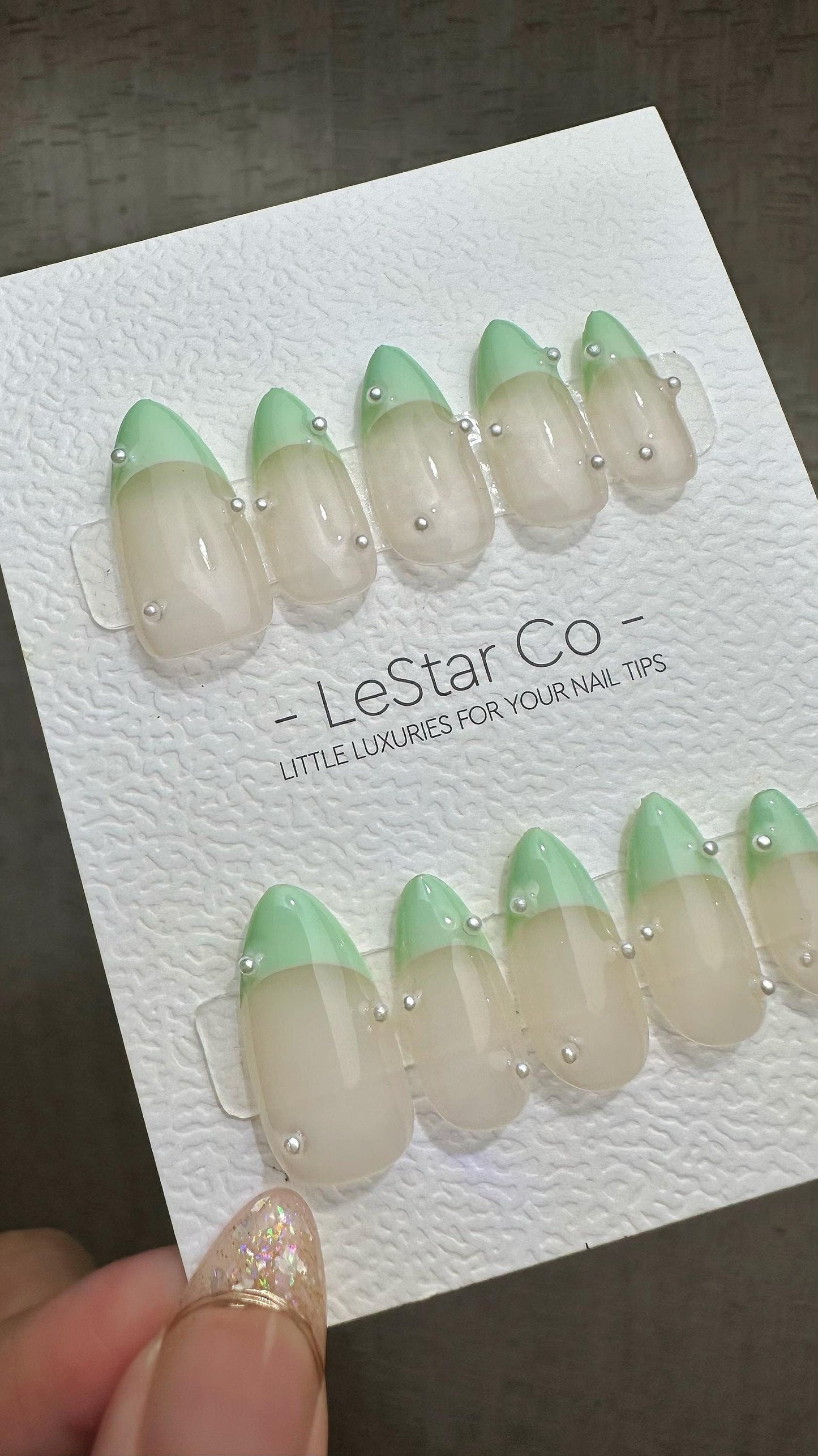 Reusable Chic Minimalist Mint French Tip with pearl | Press on Nails Gel | Fake Nails | Handmade Pressons faux nails ML913