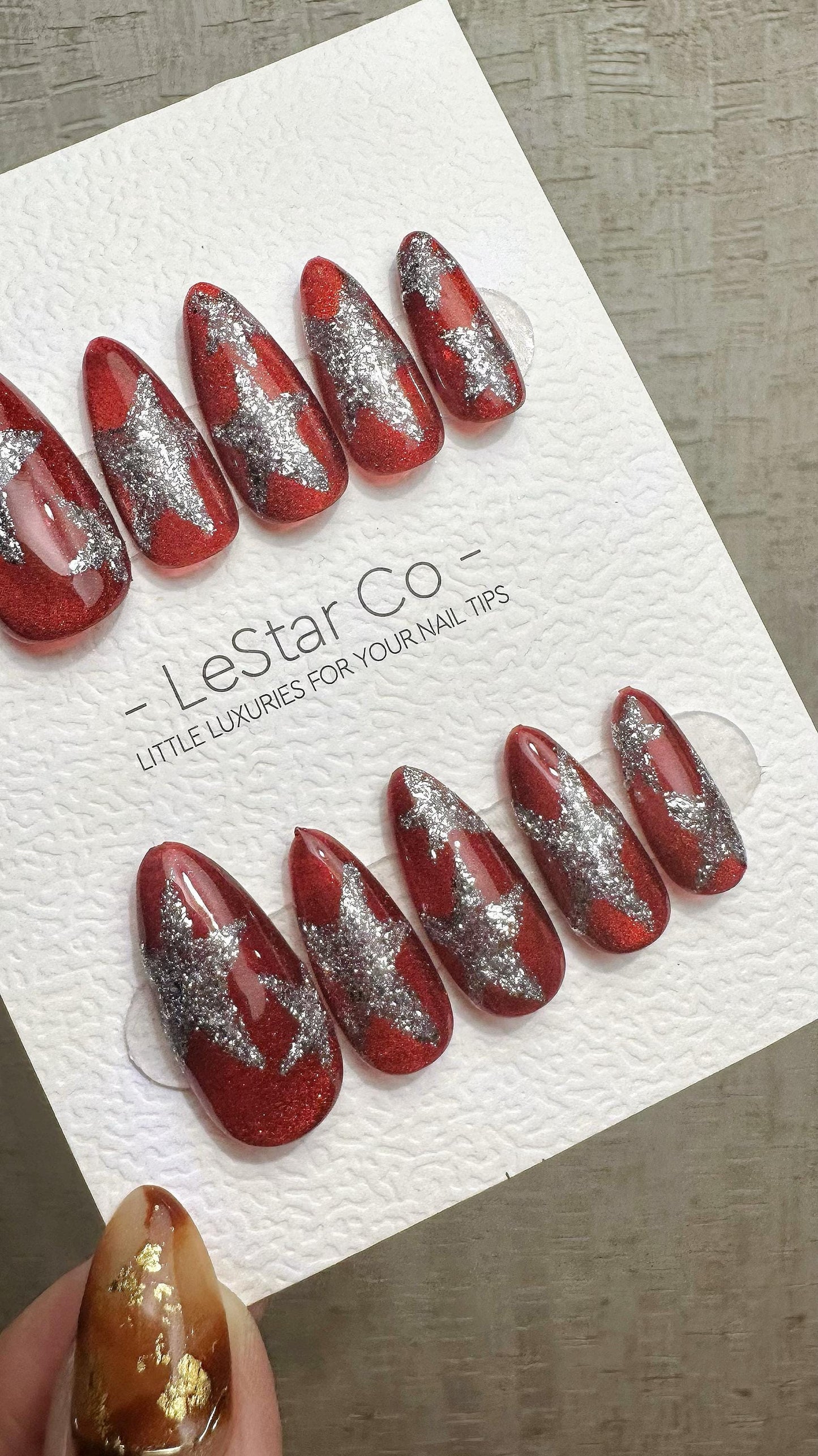 Reusable Crimson Stardust | Premium Press on Nails Gel Hand Painted Pressons Customizable Gel Nail Artist faux nails WM939
