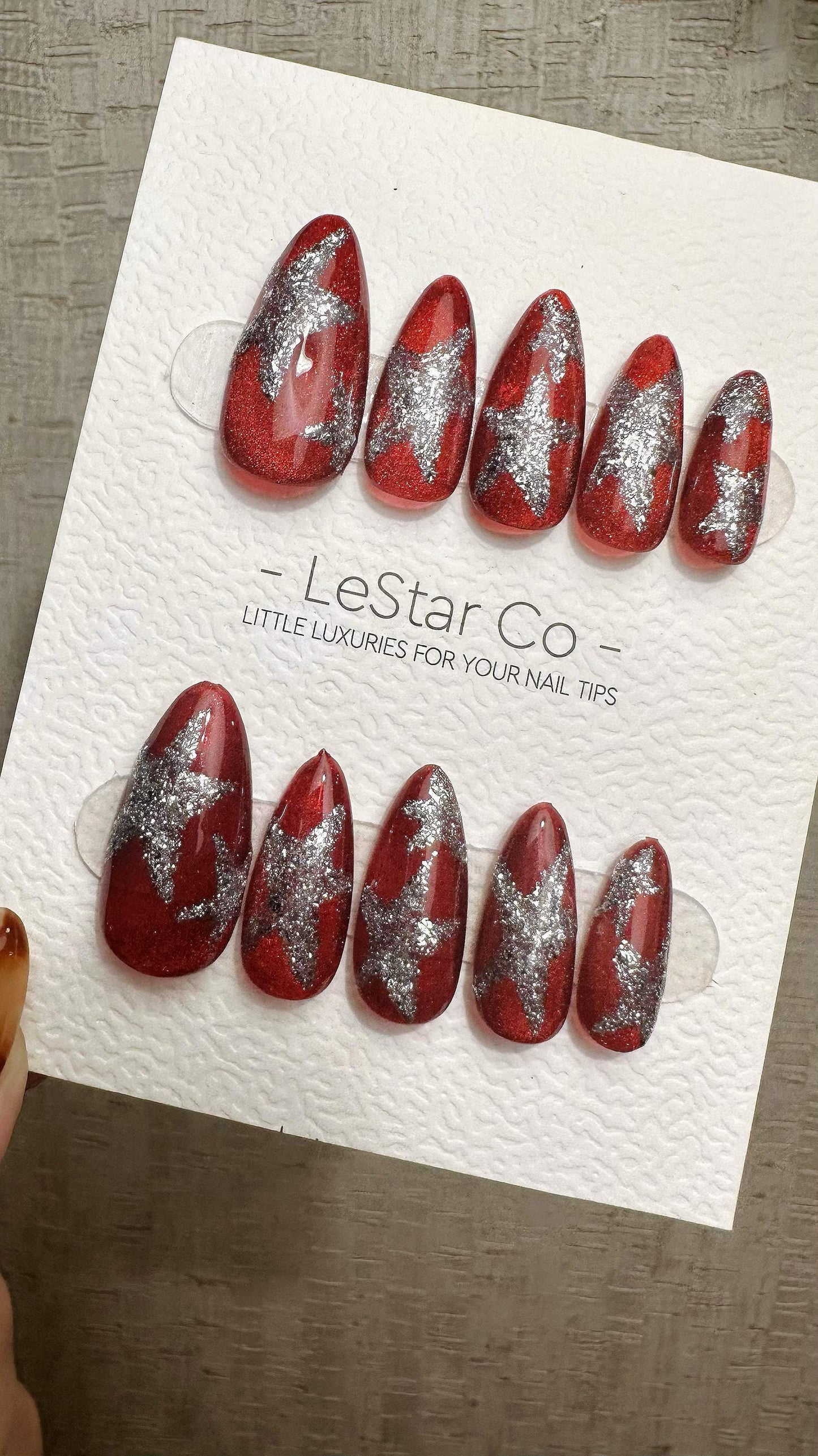 Reusable Crimson Stardust | Premium Press on Nails Gel Hand Painted Pressons Customizable Gel Nail Artist faux nails WM939