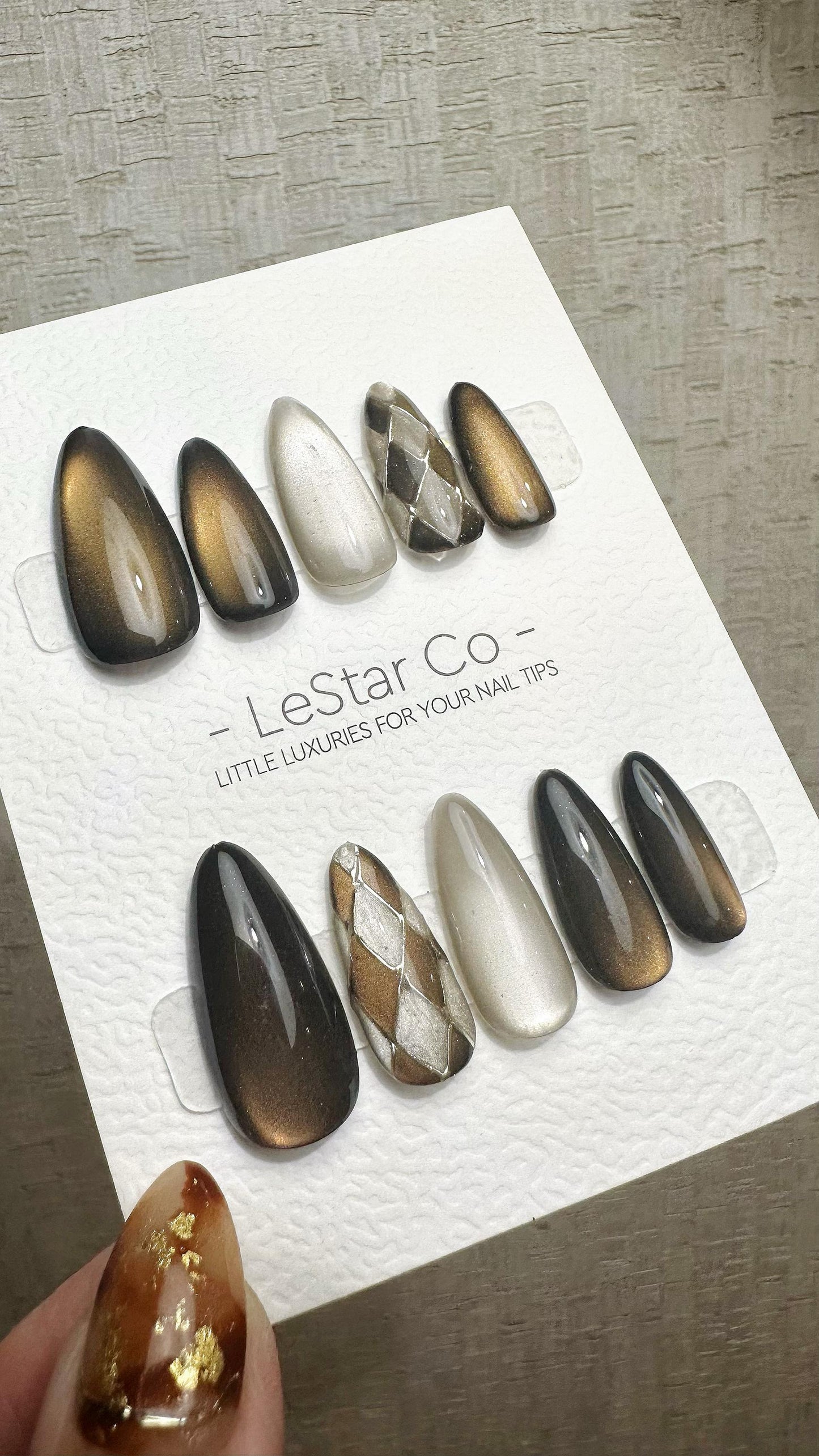 Reusable Champagne Shadows Cat Eye Effect | Premium Press on Nails Gel Hand Painted Pressons Customizable Gel Nail Artist faux nails WM940