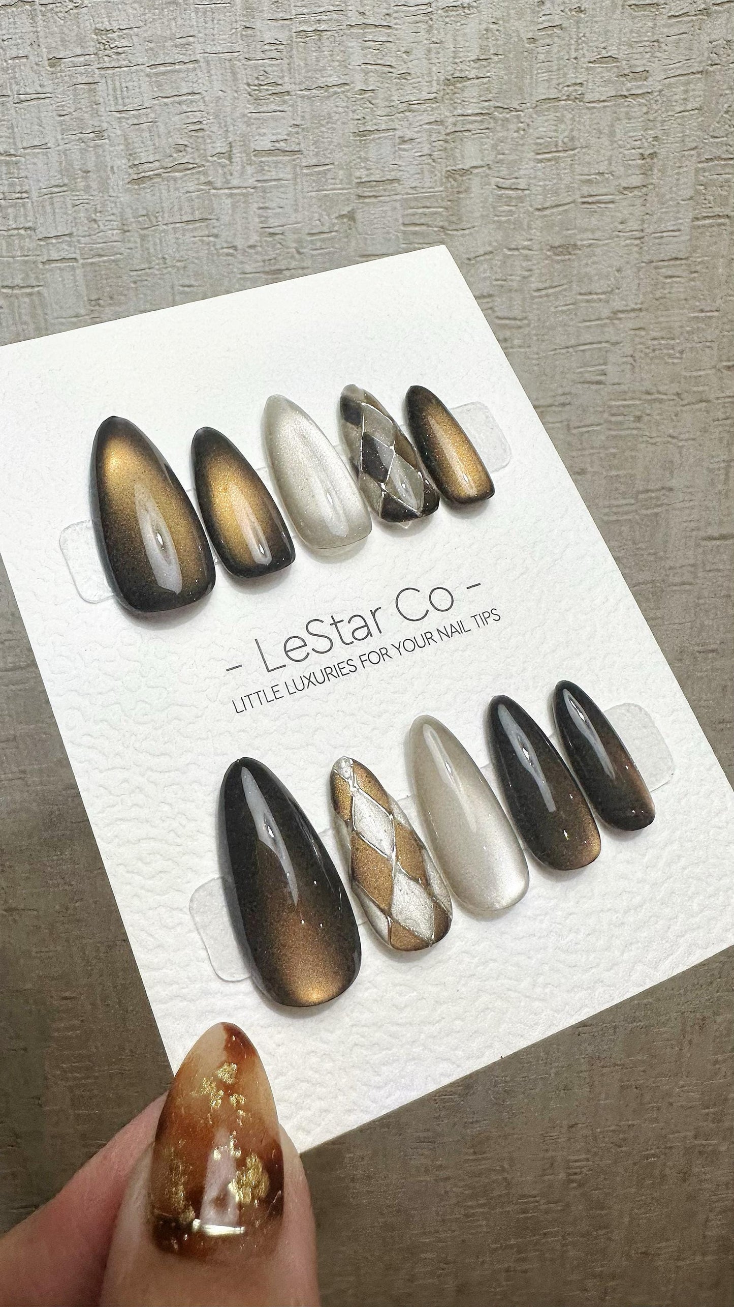 Reusable Champagne Shadows Cat Eye Effect | Premium Press on Nails Gel Hand Painted Pressons Customizable Gel Nail Artist faux nails WM940
