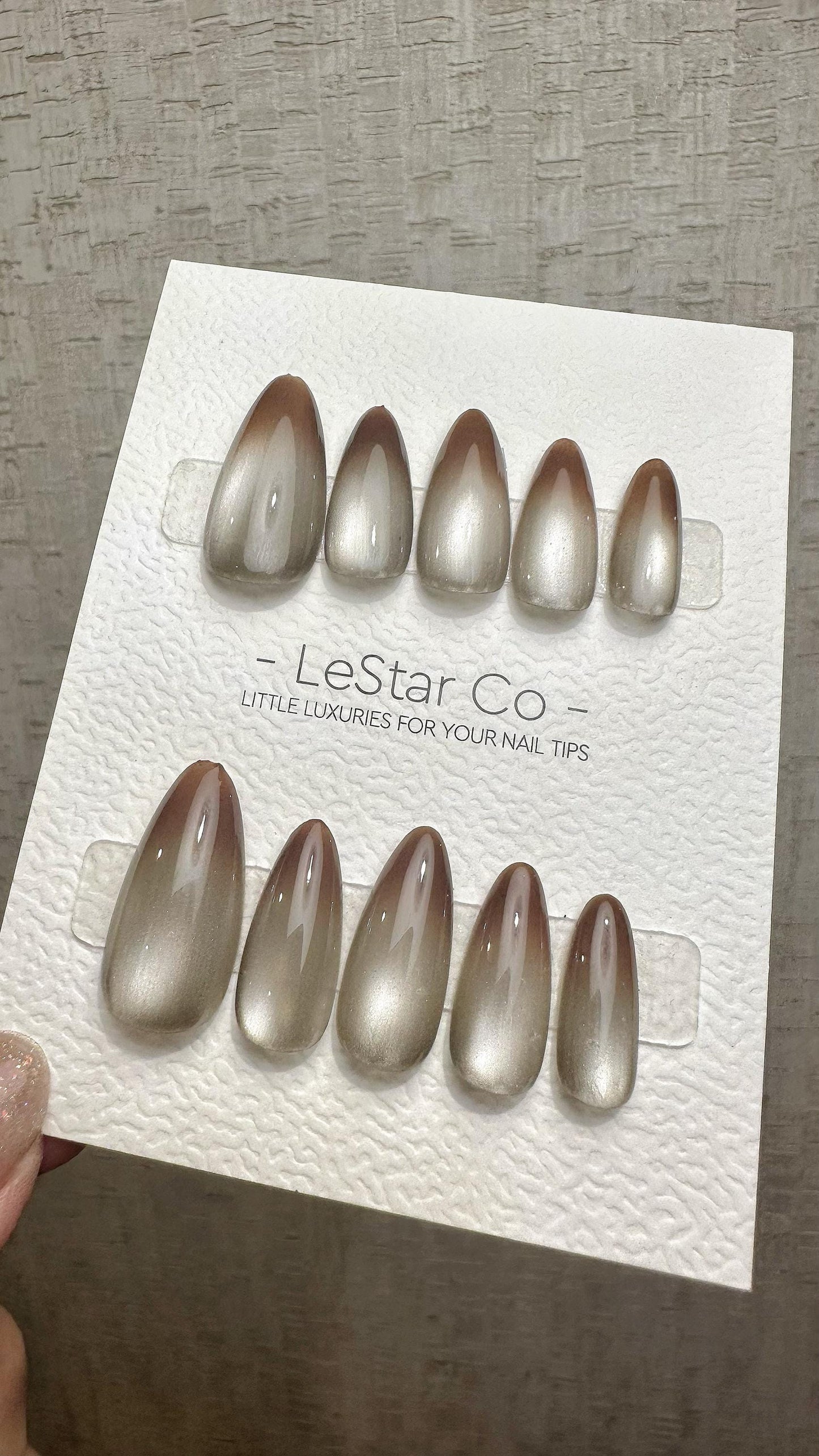 Reusable Mocha Mist Cat Eye Effect | Premium Press on Nails Gel Hand Painted Pressons Customizable Gel Nail Artist fake nails WM937