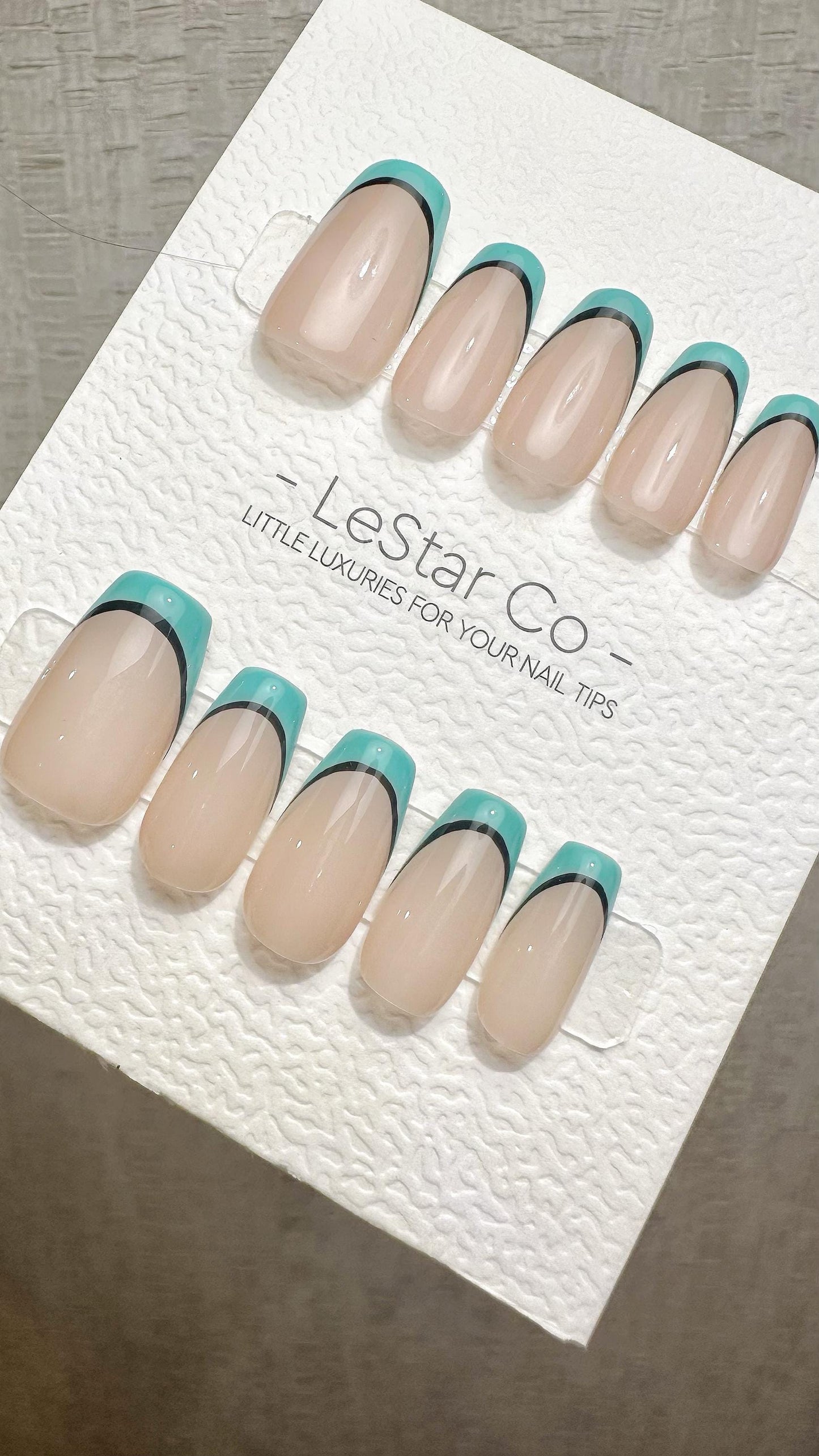 Reusable Turquoise Touch French Tip | Premium Press on Nails Gel Hand Painted Pressons Customizable Gel Nail Artist faux nails WM945