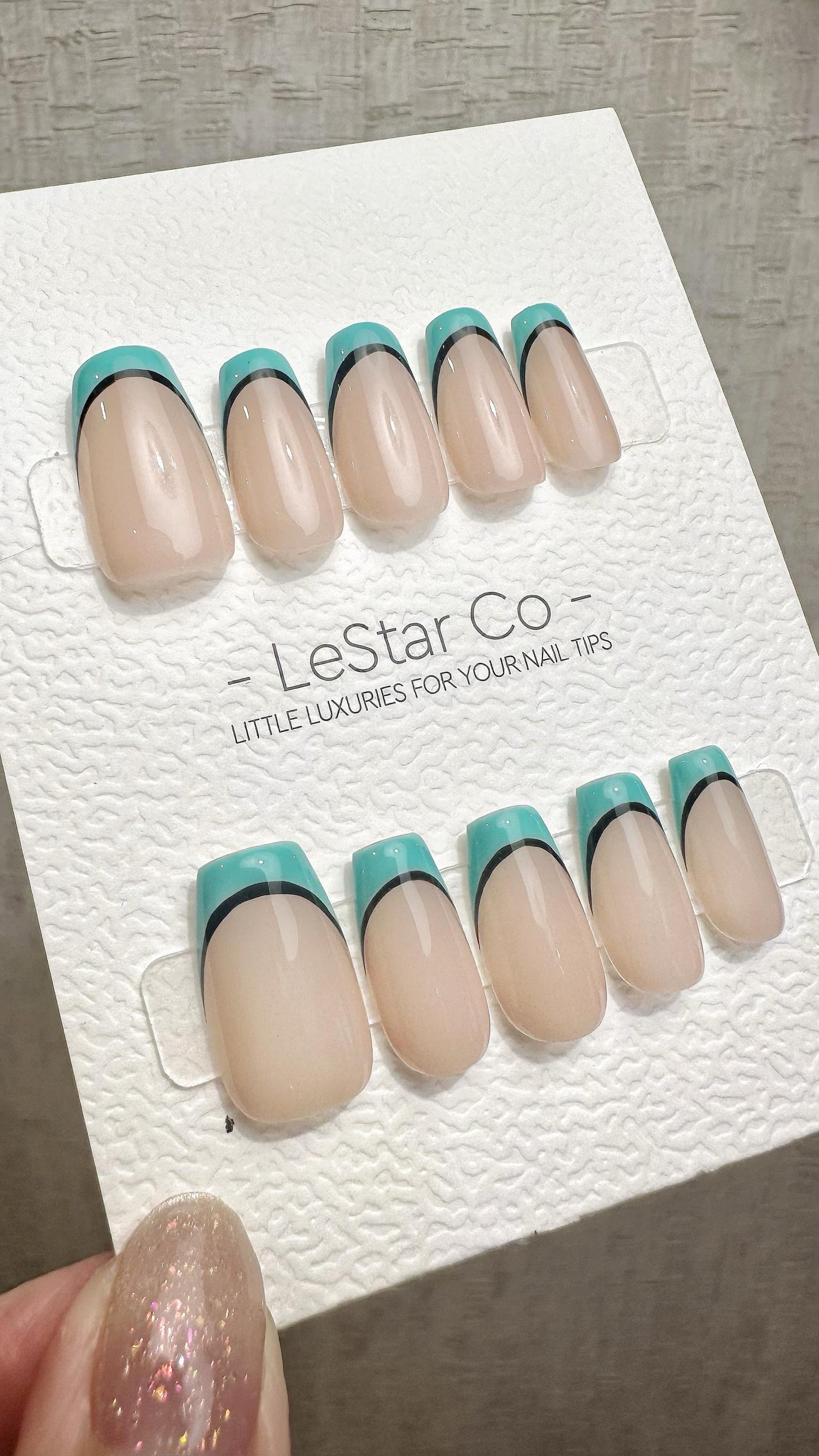 Reusable Turquoise Touch French Tip | Premium Press on Nails Gel Hand Painted Pressons Customizable Gel Nail Artist faux nails WM945