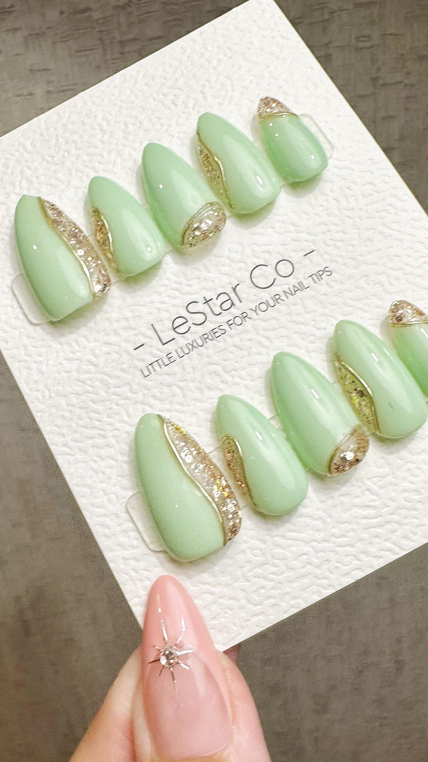 Reusable Crystal Mint | Premium Press on Nails Gel Hand Painted Pressons Customizable Gel Nail Artist faux nails ML931