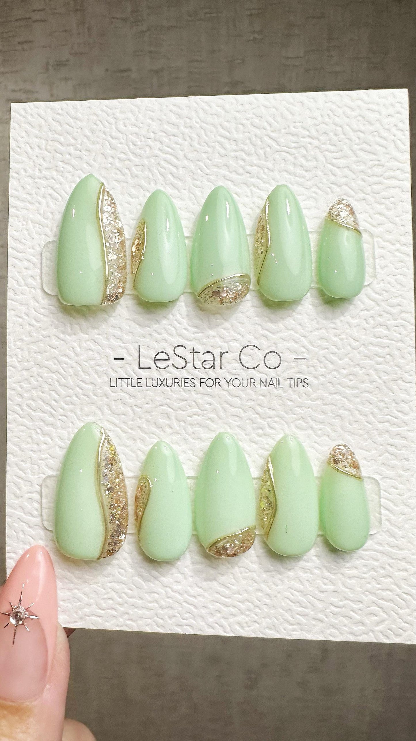 Reusable Crystal Mint | Premium Press on Nails Gel Hand Painted Pressons Customizable Gel Nail Artist faux nails ML931