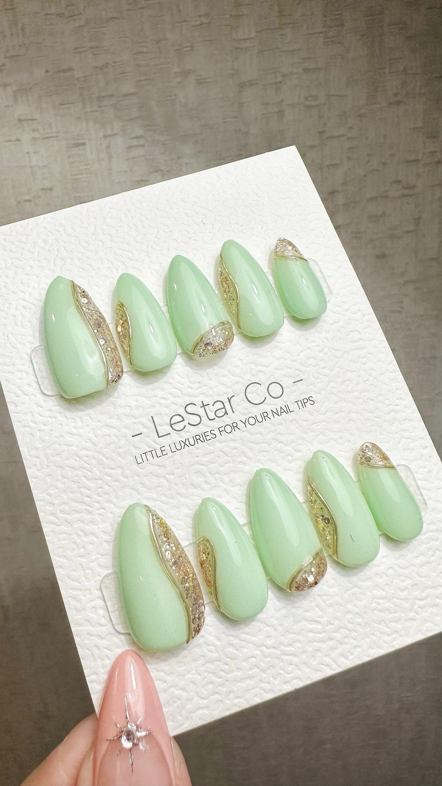 Reusable Crystal Mint | Premium Press on Nails Gel Hand Painted Pressons Customizable Gel Nail Artist faux nails ML931