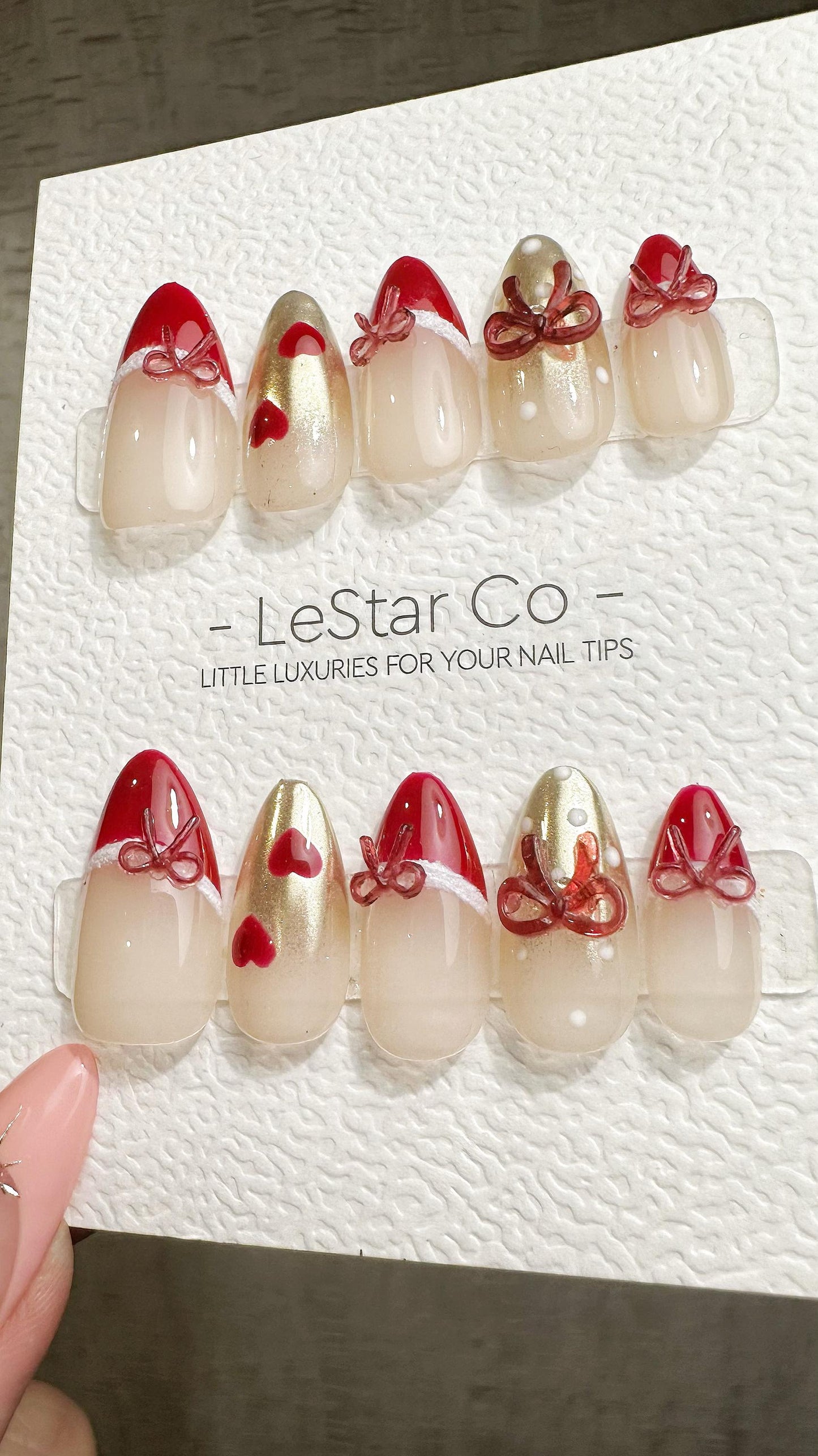 Reusable Ruby Ribbon French Tip| Premium Press on Nails Gel | Fake Nails | Cute Fun Colorful Gel Nail Artist faux nails ML930