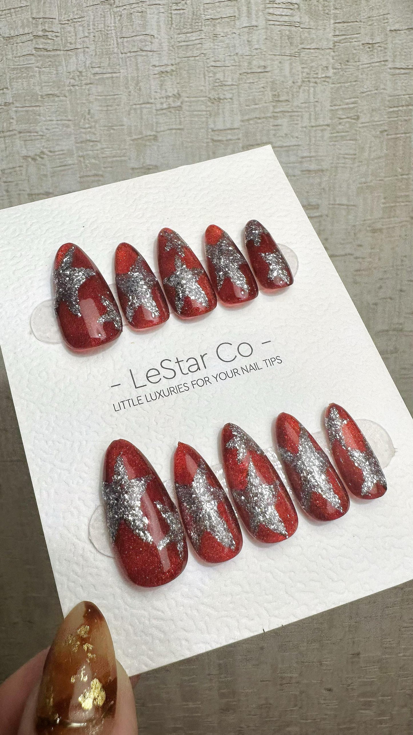 Reusable Crimson Stardust | Premium Press on Nails Gel Hand Painted Pressons Customizable Gel Nail Artist faux nails WM939