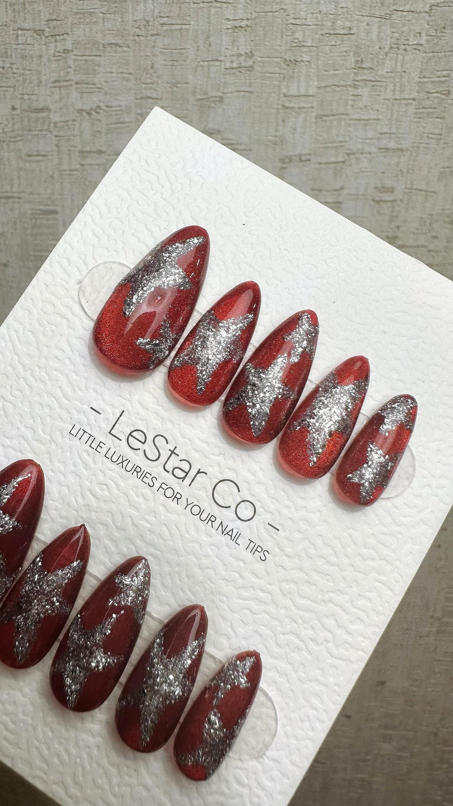 Reusable Crimson Stardust | Premium Press on Nails Gel Hand Painted Pressons Customizable Gel Nail Artist faux nails WM939
