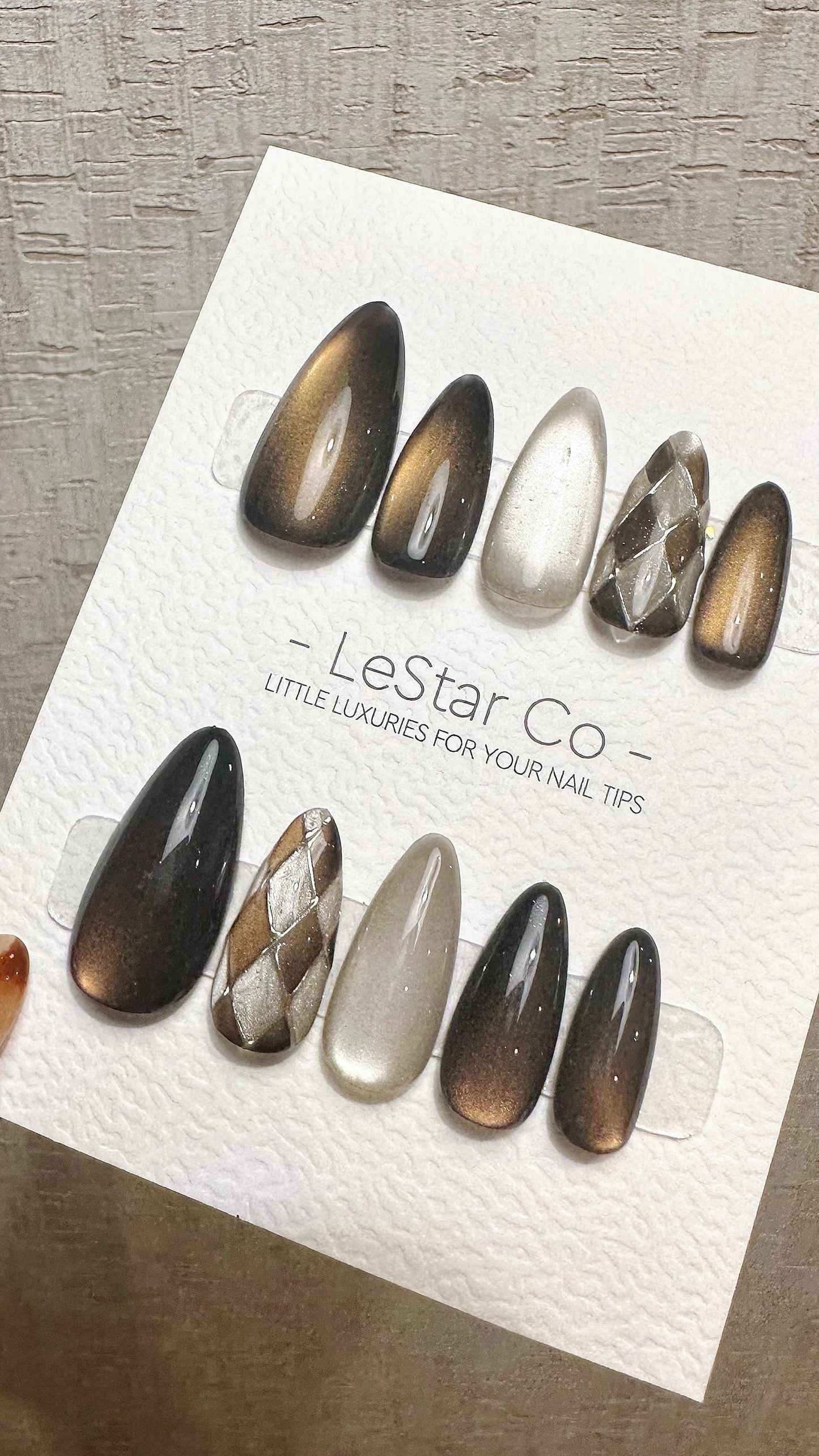 Reusable Champagne Shadows Cat Eye Effect | Premium Press on Nails Gel Hand Painted Pressons Customizable Gel Nail Artist faux nails WM940