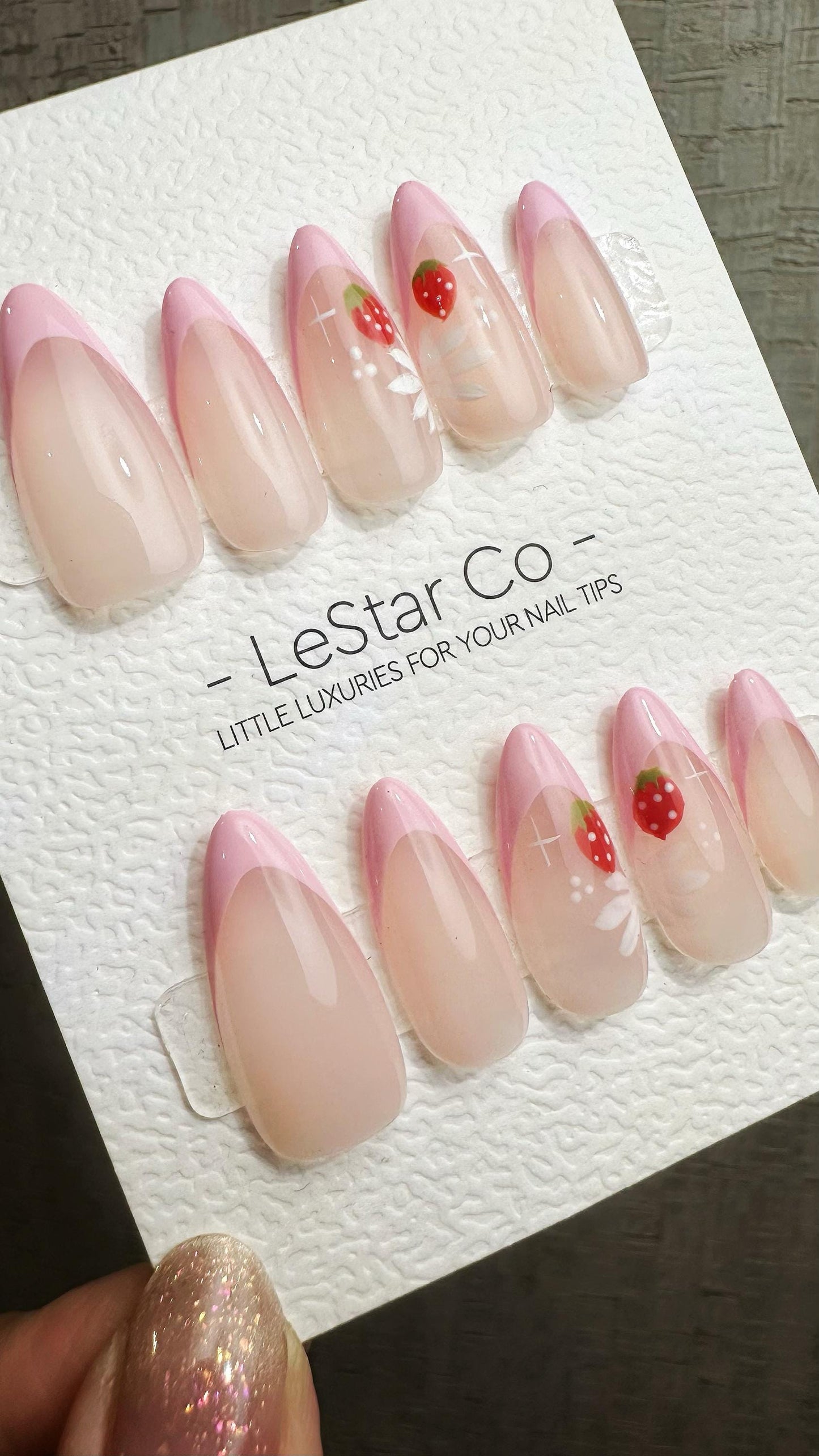 Reusable Strawberry Blossom Pink French Tip | Premium Press on Nails Gel Hand Painted Pressons Customizable Gel Nail fake nails WM951