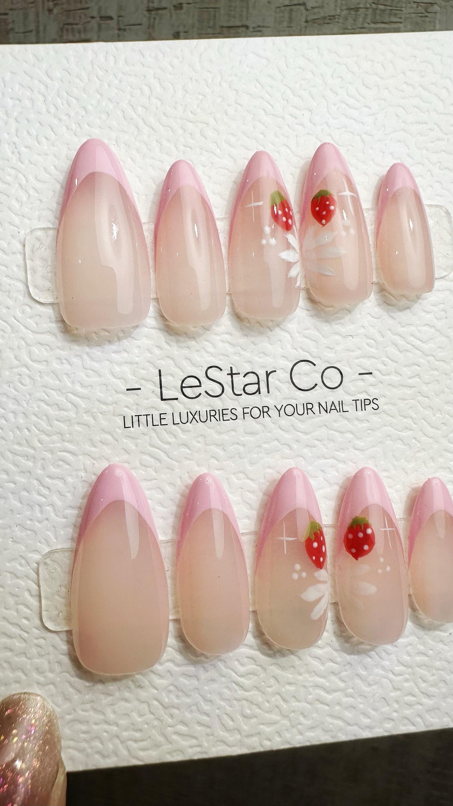 Reusable Strawberry Blossom Pink French Tip | Premium Press on Nails Gel Hand Painted Pressons Customizable Gel Nail fake nails WM951