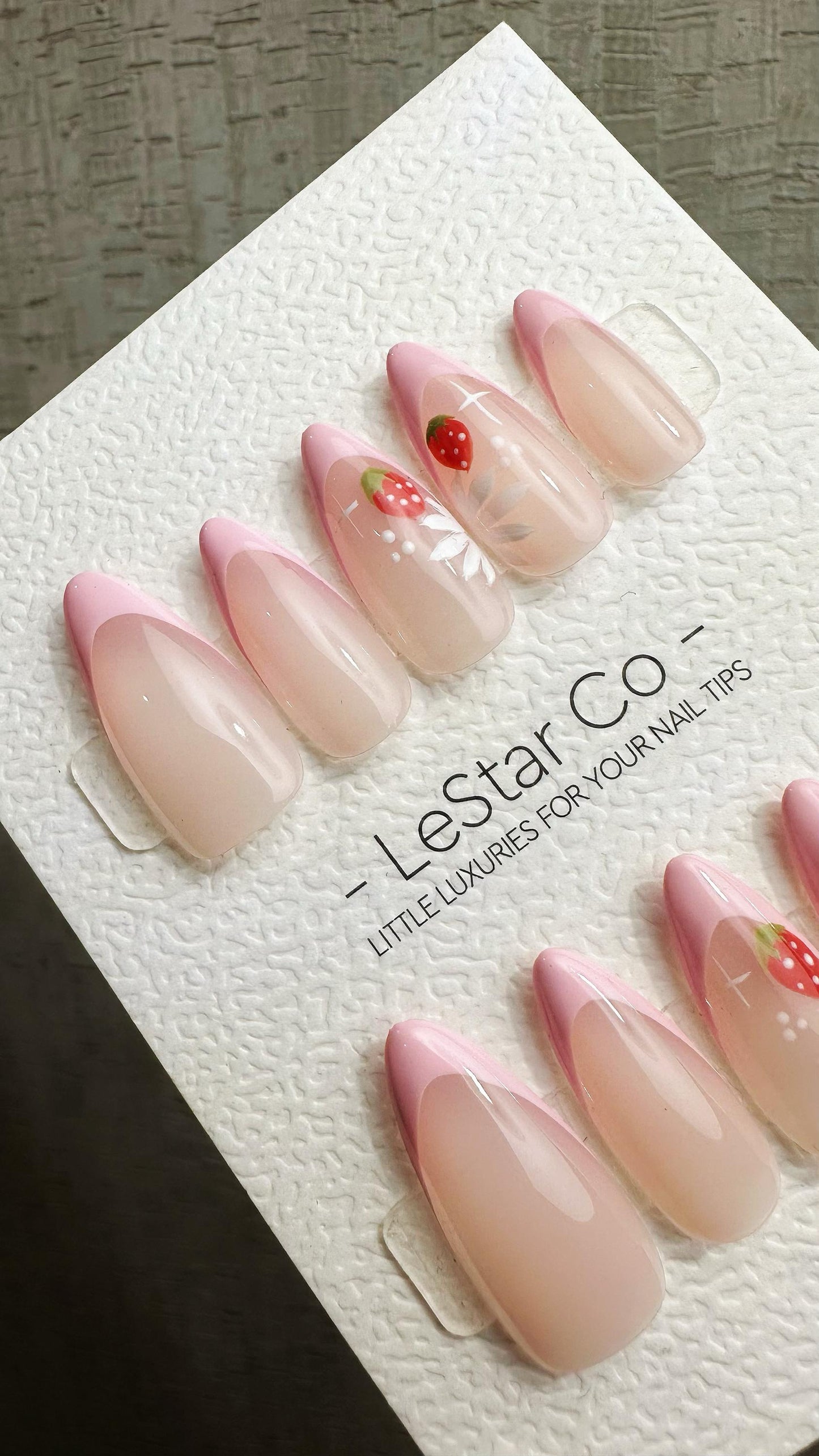 Reusable Strawberry Blossom Pink French Tip | Premium Press on Nails Gel Hand Painted Pressons Customizable Gel Nail fake nails WM951
