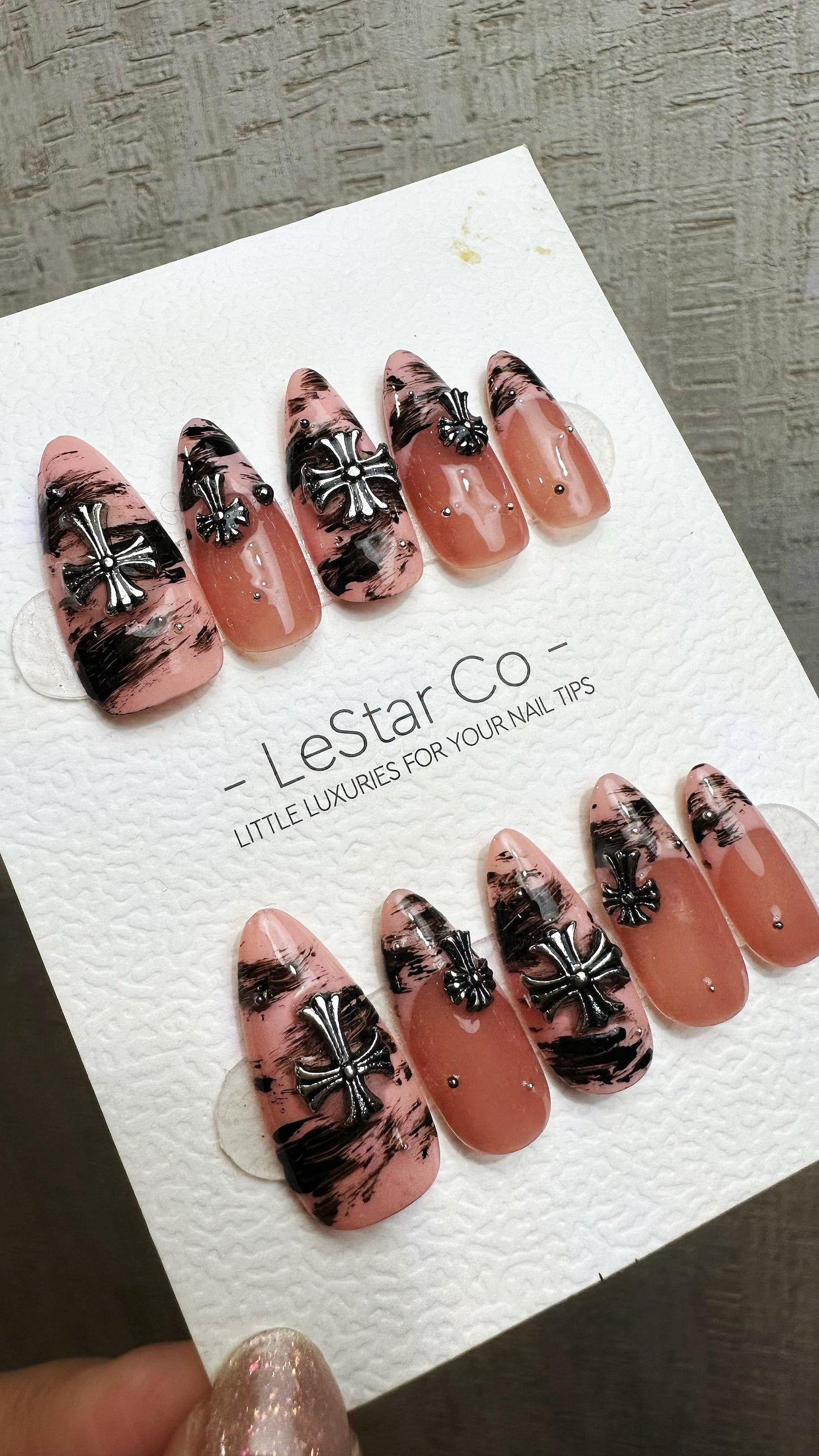 Reusable Marble Midnight Cross French Tip | Premium Press on Nails Gel Hand Painted Pressons Customizable Gel Nail fake nails WM952