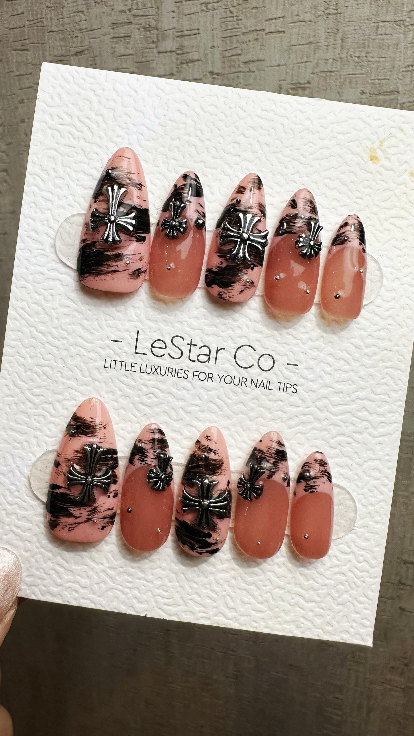 Reusable Marble Midnight Cross French Tip | Premium Press on Nails Gel Hand Painted Pressons Customizable Gel Nail fake nails WM952