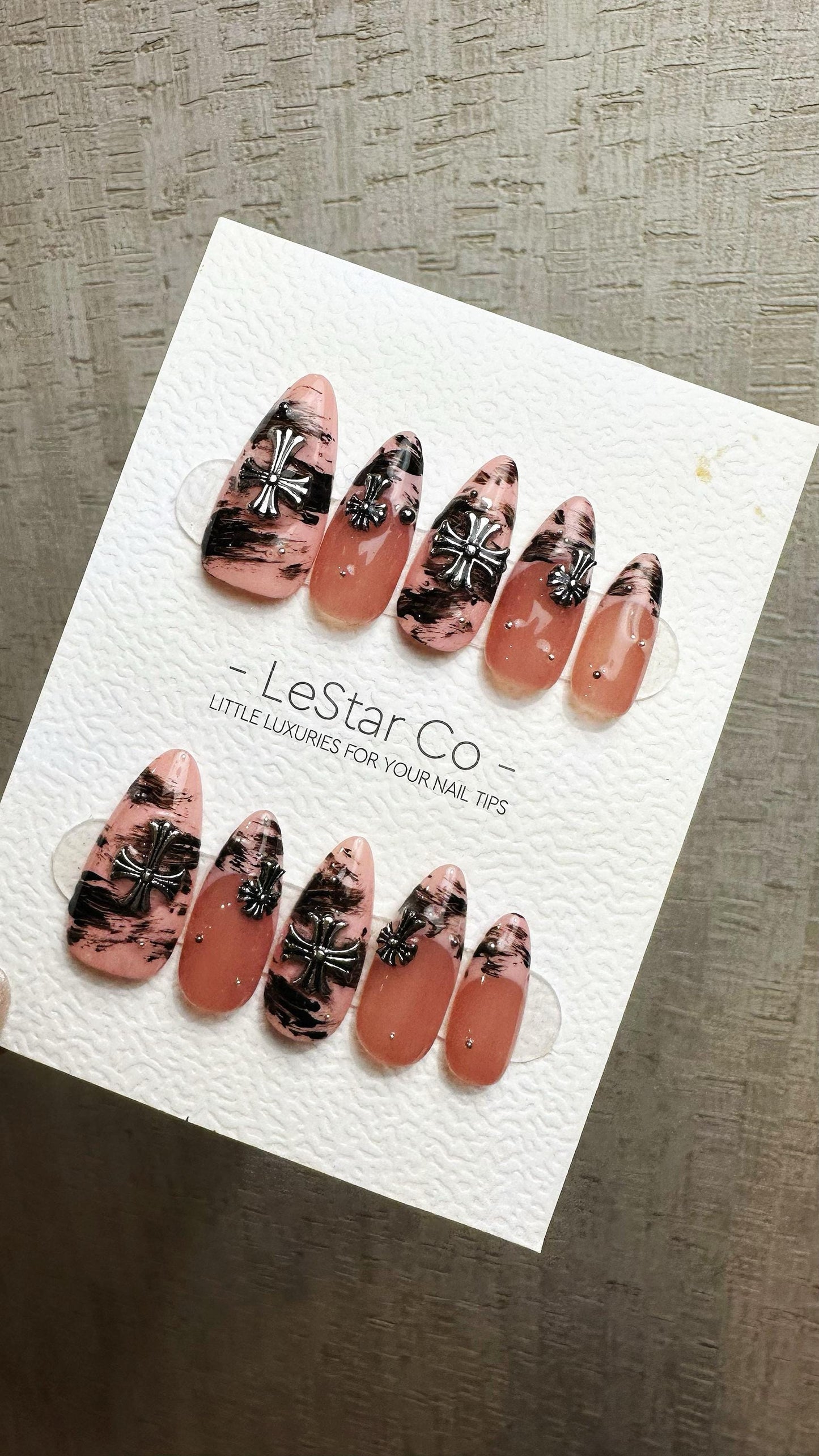 Reusable Marble Midnight Cross French Tip | Premium Press on Nails Gel Hand Painted Pressons Customizable Gel Nail fake nails WM952