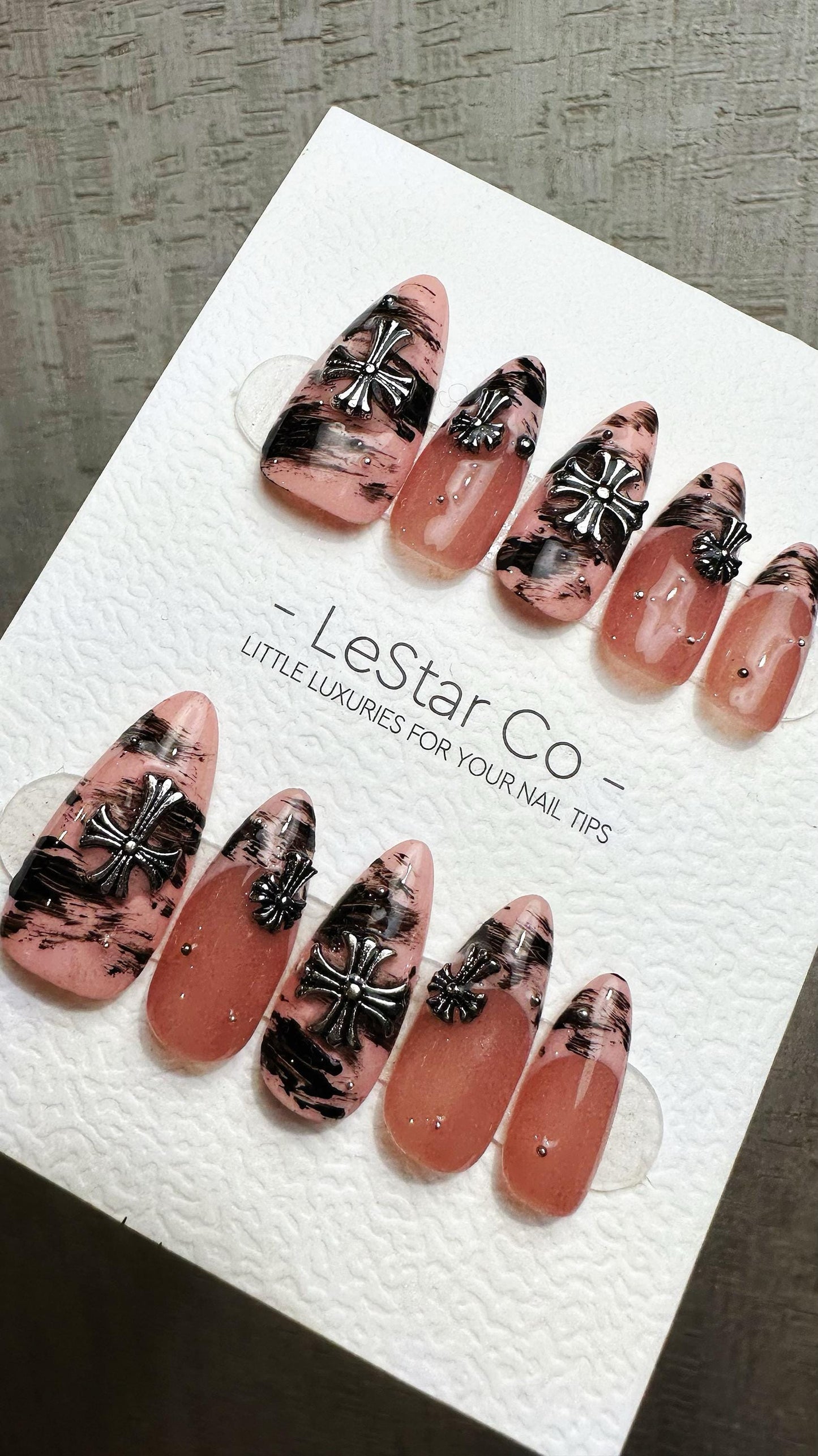Reusable Marble Midnight Cross French Tip | Premium Press on Nails Gel Hand Painted Pressons Customizable Gel Nail fake nails WM952