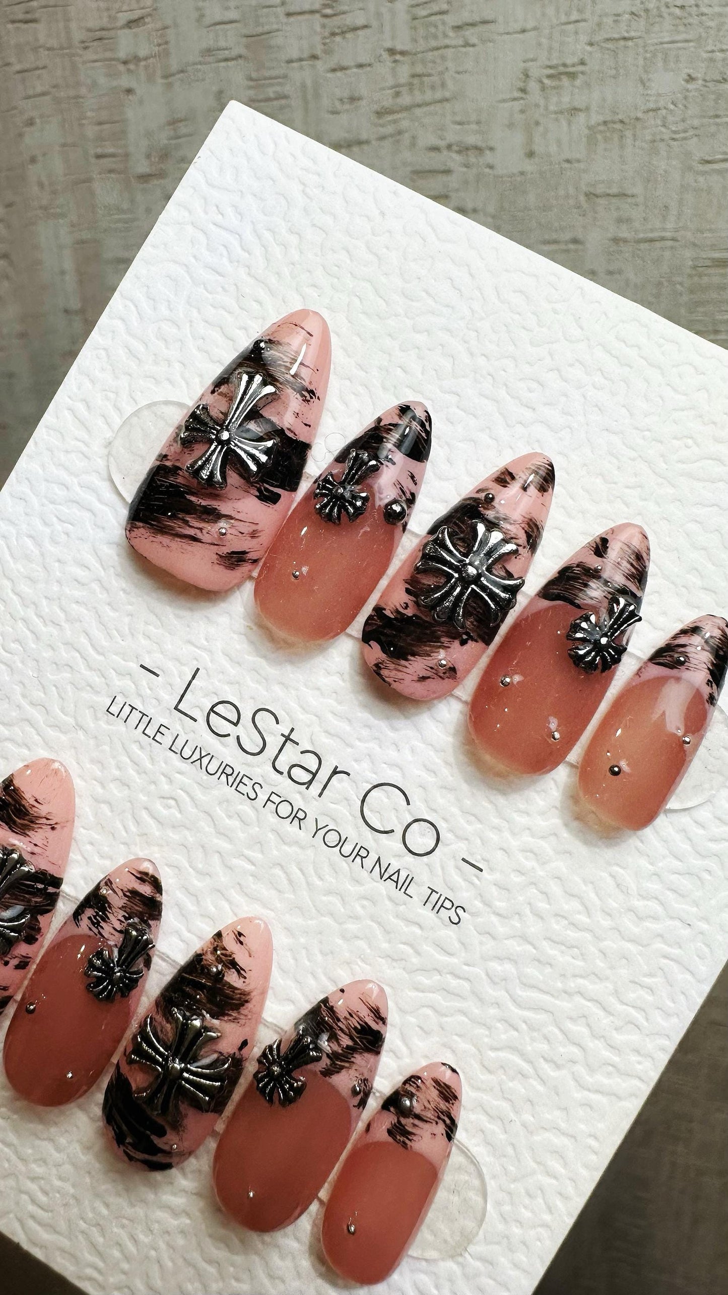 Reusable Marble Midnight Cross French Tip | Premium Press on Nails Gel Hand Painted Pressons Customizable Gel Nail fake nails WM952