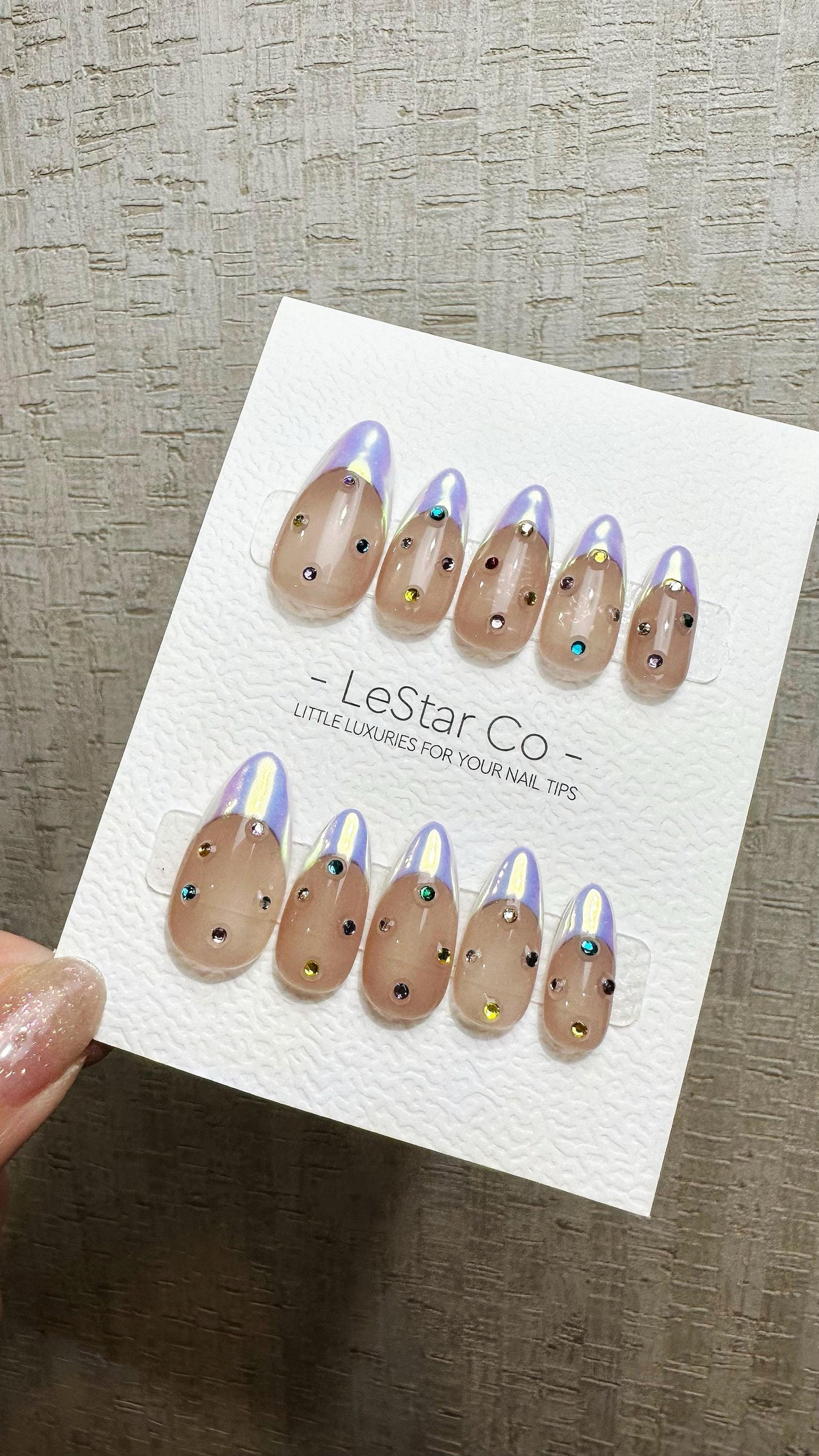 Reusable Iridescent Jewel Glow French Tip | Premium Press on Nails Gel Hand Painted Pressons Customizable Gel Nail Artist faux nails QN954