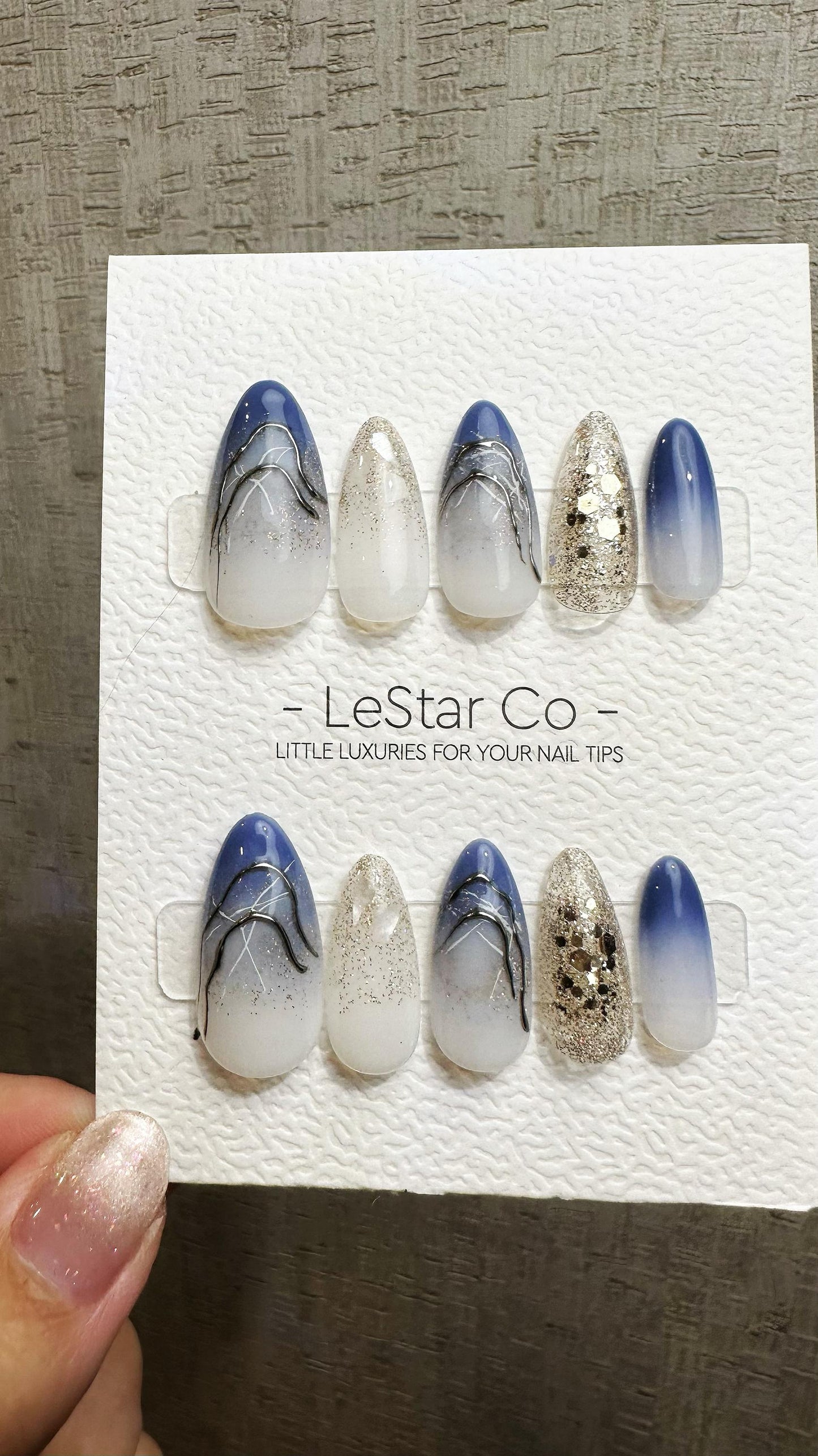 Reusable Frosty Blue Galaxy | Premium Press on Nails Gel Hand Painted Pressons Customizable Gel Nail Artist faux nails QN955