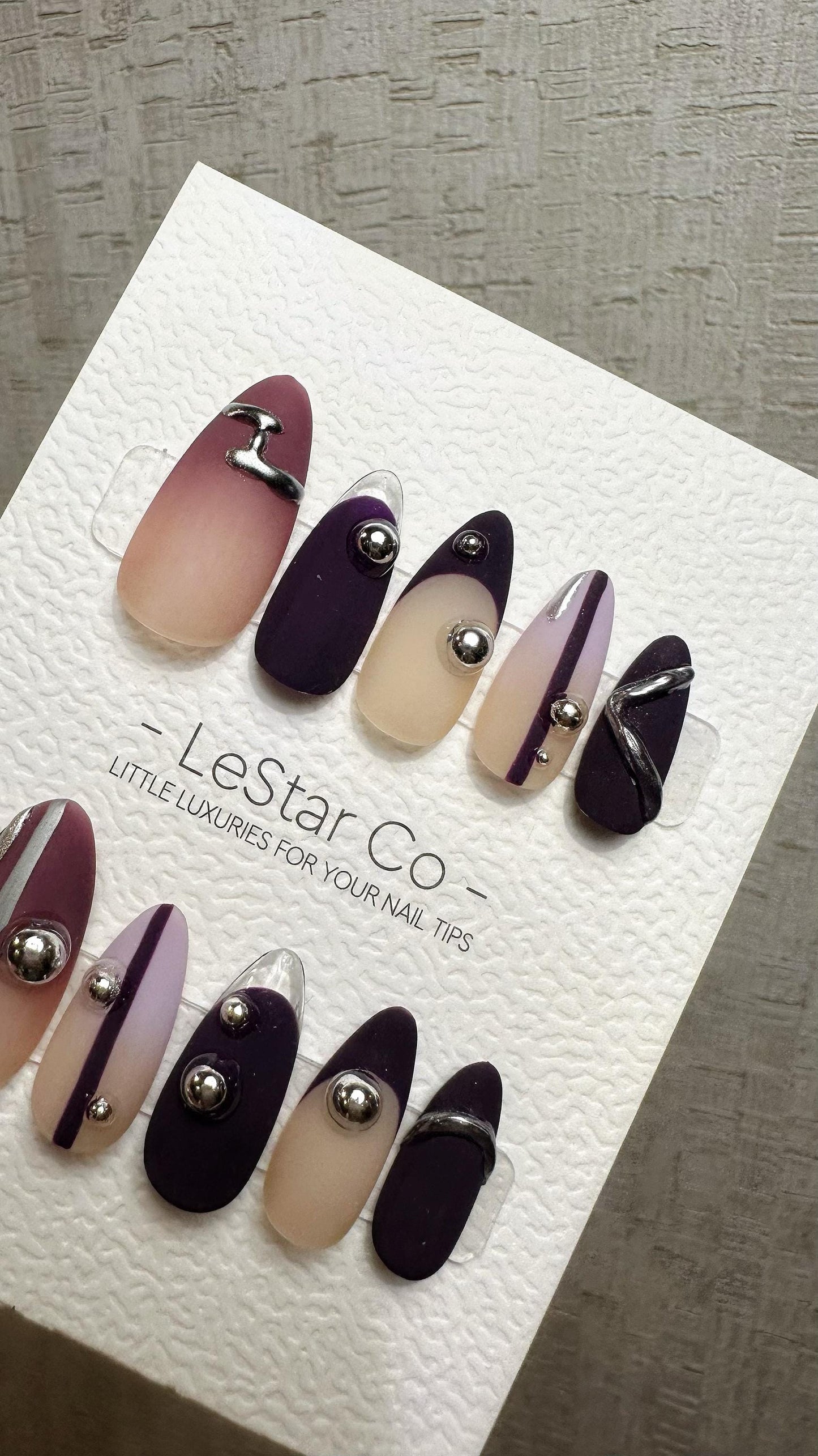 Reusable Silver Plum Horizon | Premium Press on Nails Gel Hand Painted Pressons Customizable Gel Nail faux nails QN962