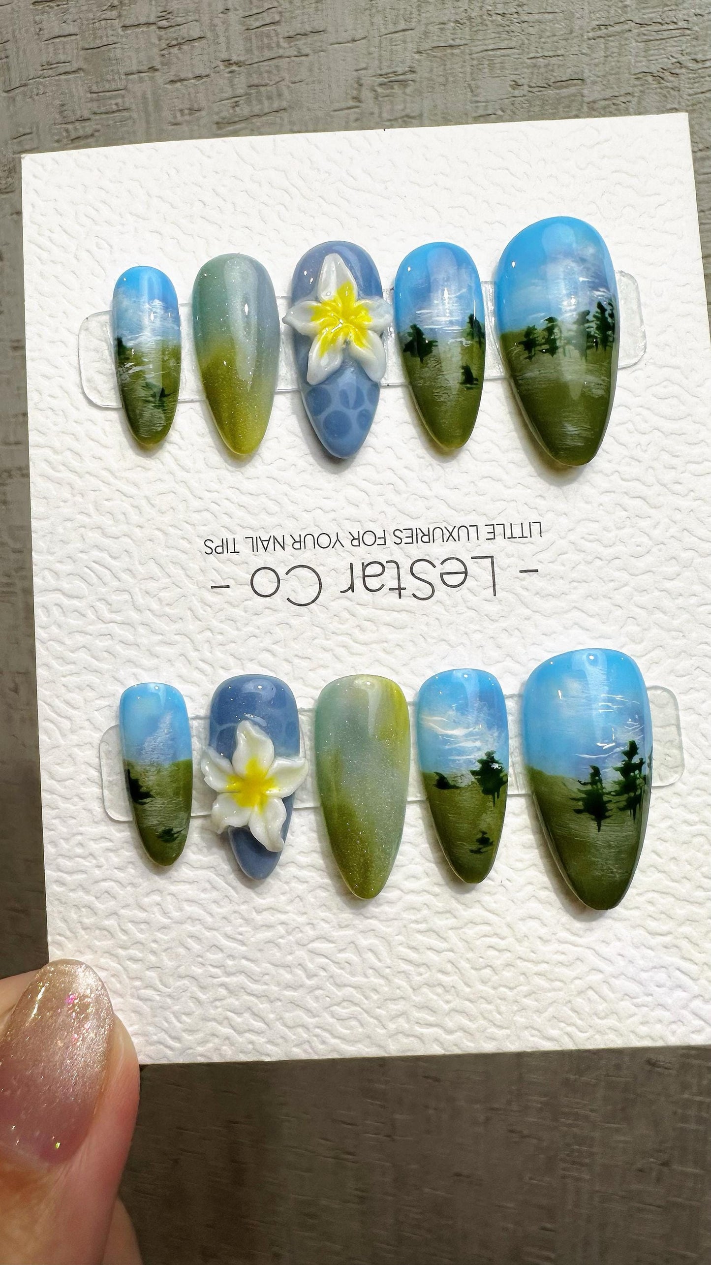 Reusable Blue Forest Dreamscape | Premium Press on Nails Gel Hand Painted Pressons Customizable Gel Nail faux nails QN963