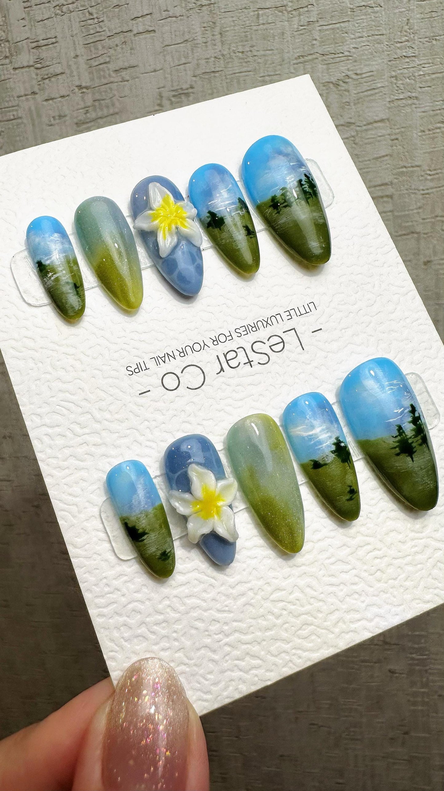 Reusable Blue Forest Dreamscape | Premium Press on Nails Gel Hand Painted Pressons Customizable Gel Nail faux nails QN963