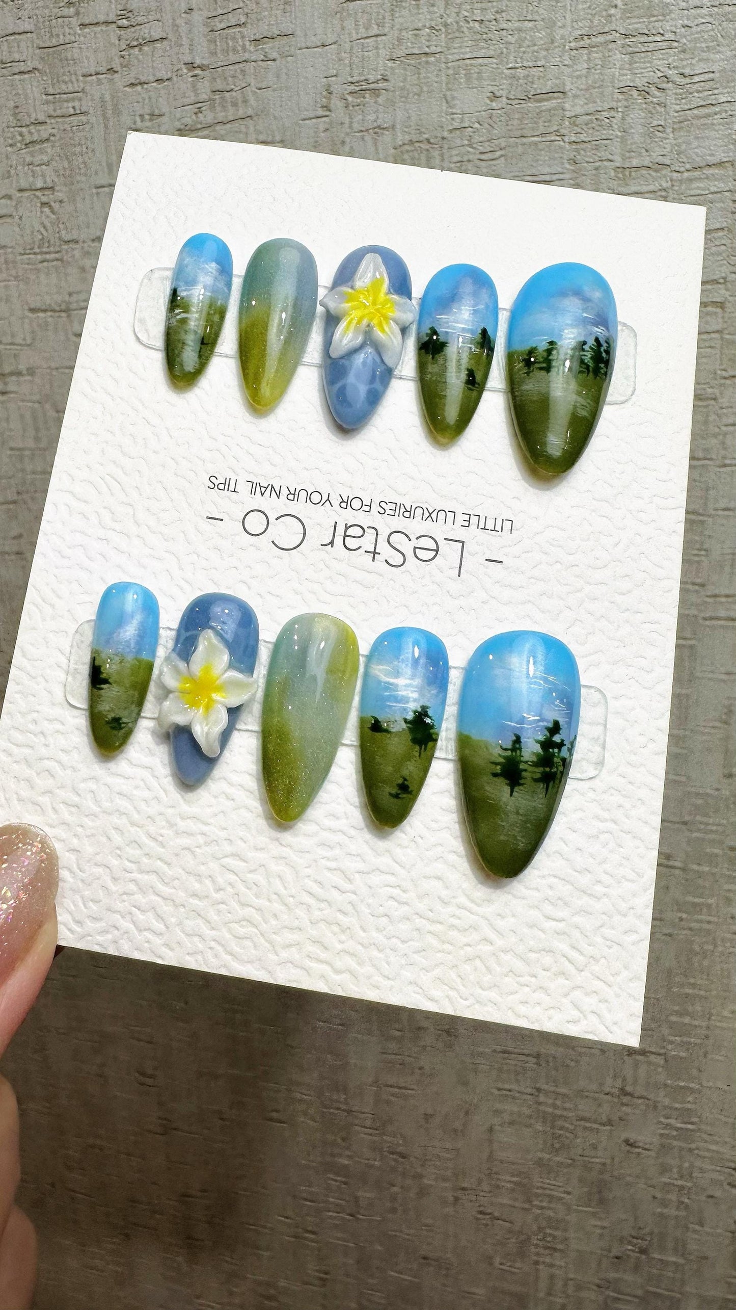 Reusable Blue Forest Dreamscape | Premium Press on Nails Gel Hand Painted Pressons Customizable Gel Nail faux nails QN963