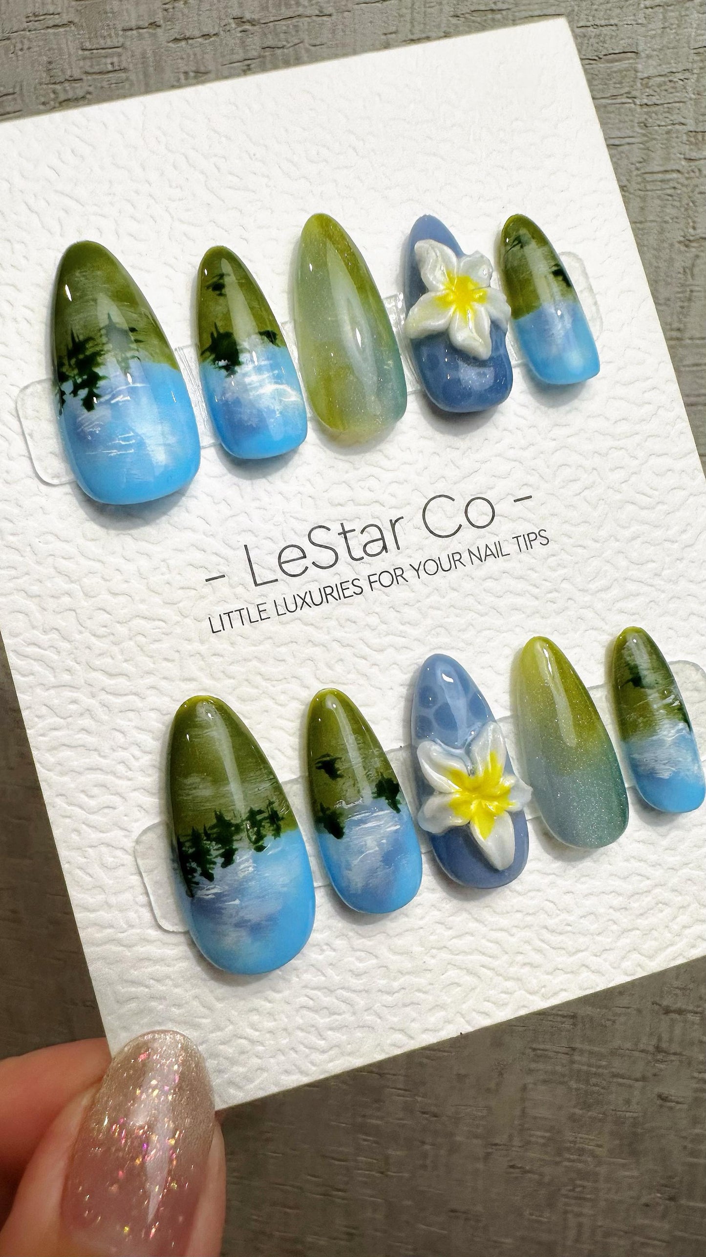 Reusable Blue Forest Dreamscape | Premium Press on Nails Gel Hand Painted Pressons Customizable Gel Nail faux nails QN963