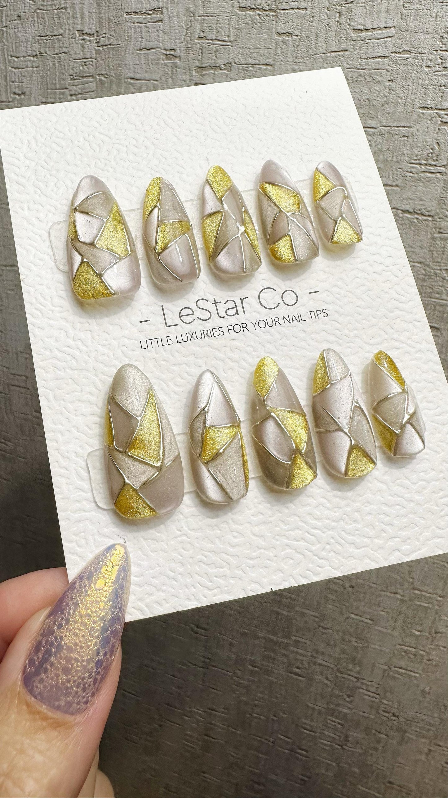 Reusable Golden Shards | Premium Handmade Press on Nails Gel | Fake Nails | Cute Fun Colorful Gel Nail Artist faux nails WM976