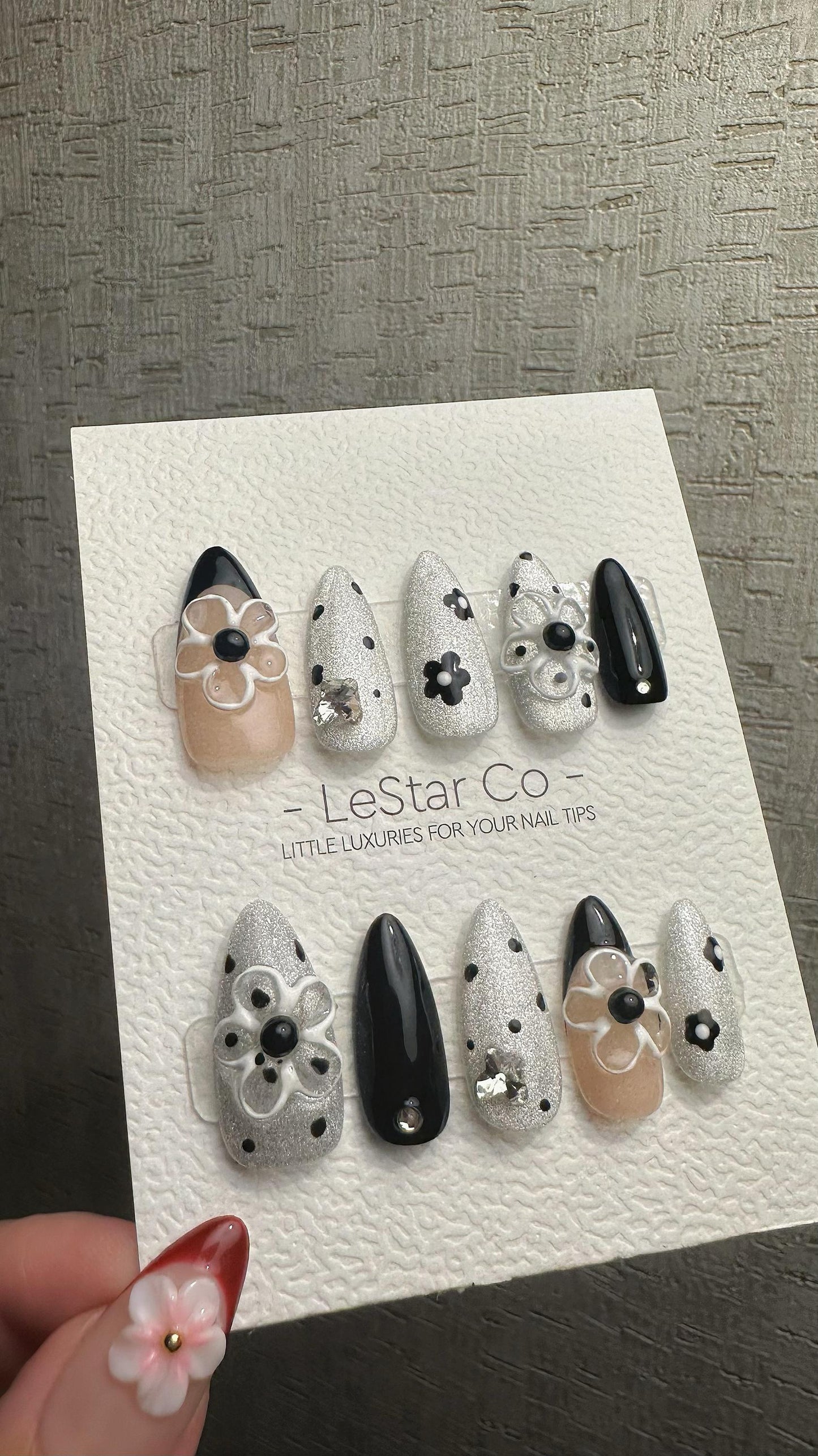 Reusable Black Daisy Glam French Tip| Premium Press on Nails Gel | Fake Nails | Cute Fun Colorful Gel Nail faux nails WM981