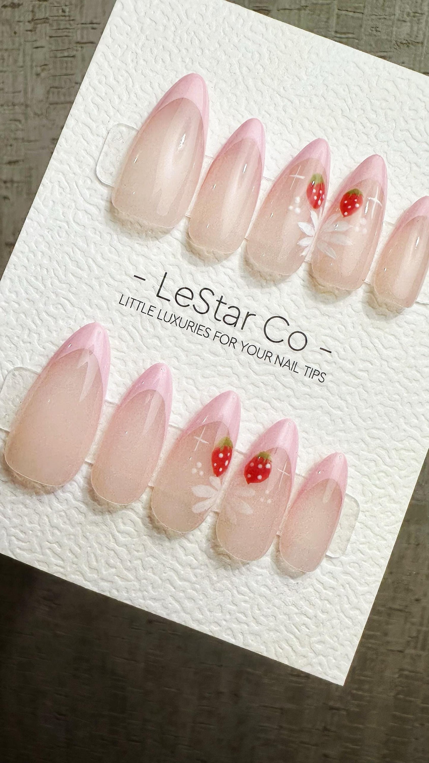 Reusable Strawberry Blossom Pink French Tip | Premium Press on Nails Gel Hand Painted Pressons Customizable Gel Nail fake nails WM951