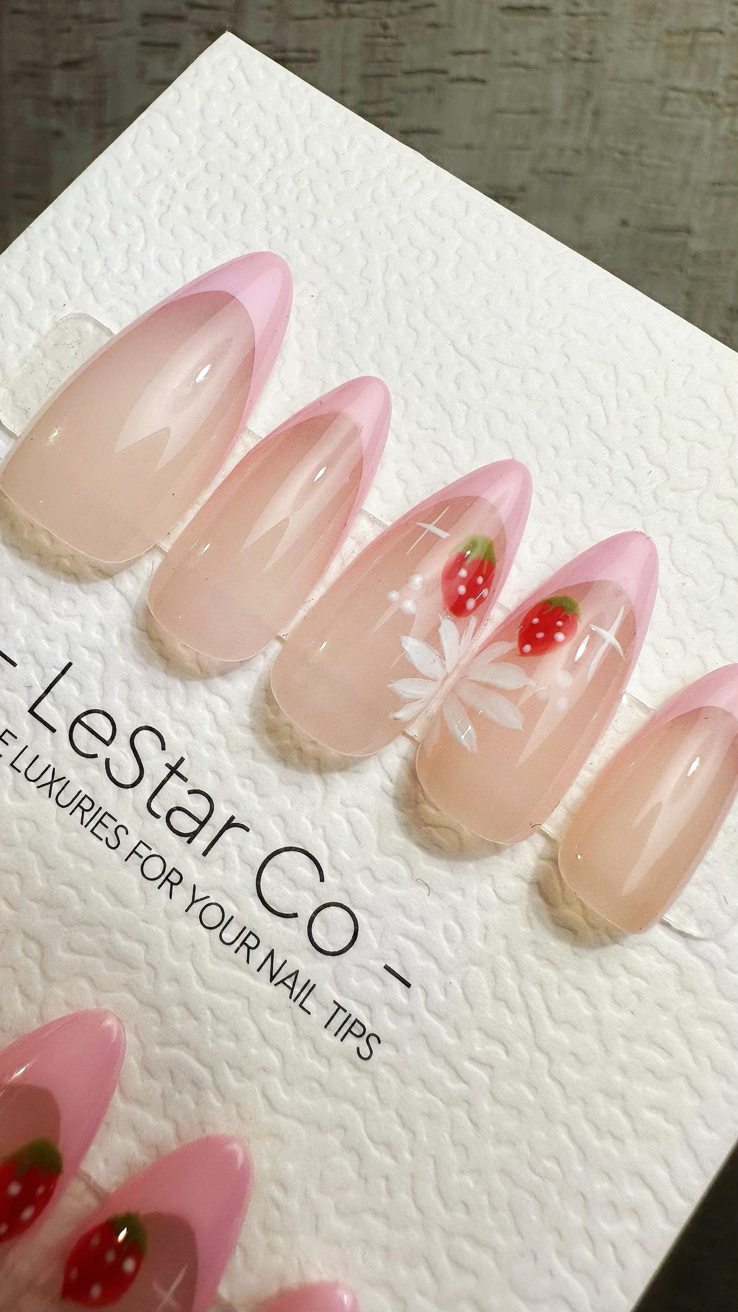Reusable Strawberry Blossom Pink French Tip | Premium Press on Nails Gel Hand Painted Pressons Customizable Gel Nail fake nails WM951