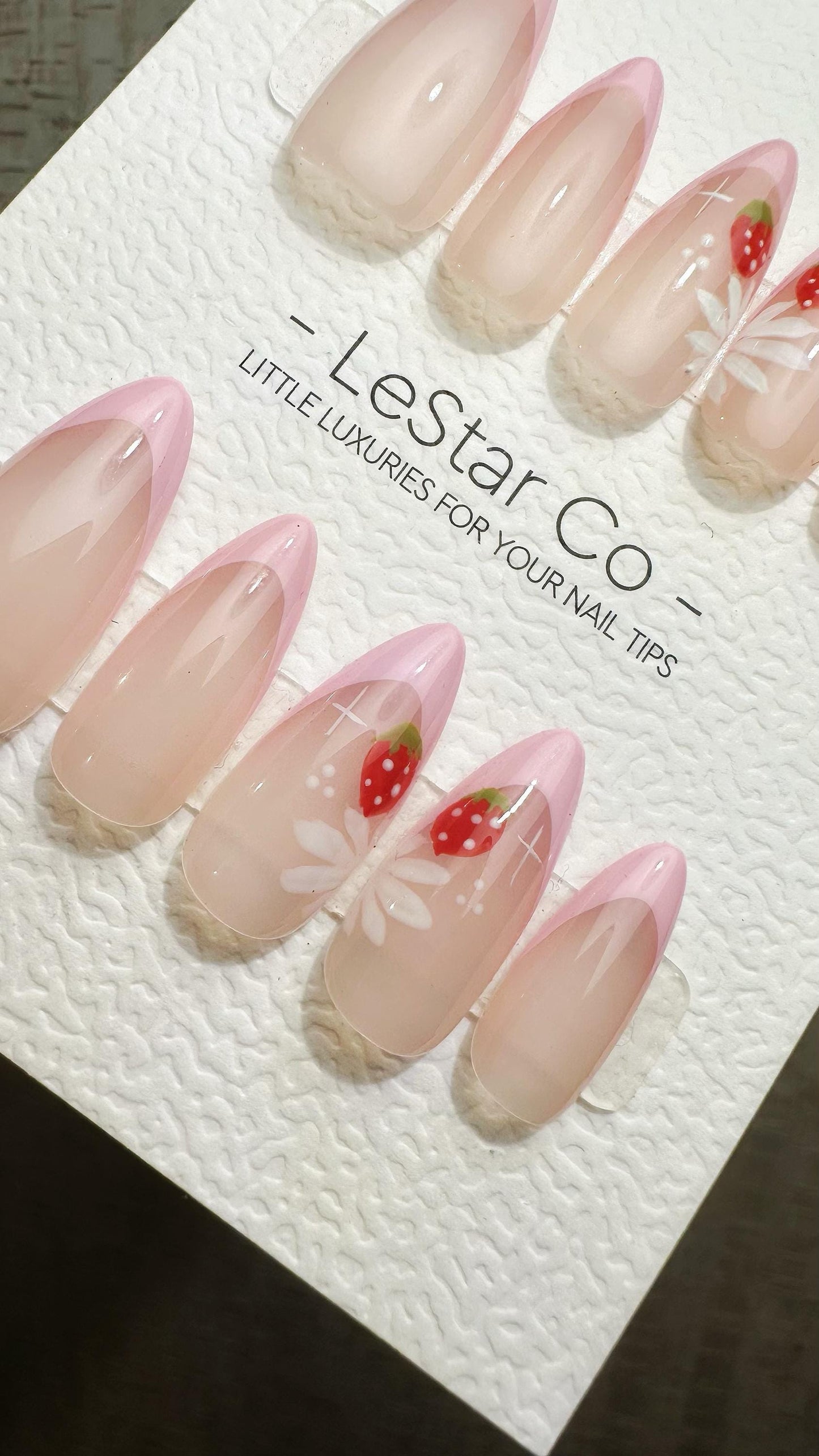 Reusable Strawberry Blossom Pink French Tip | Premium Press on Nails Gel Hand Painted Pressons Customizable Gel Nail fake nails WM951