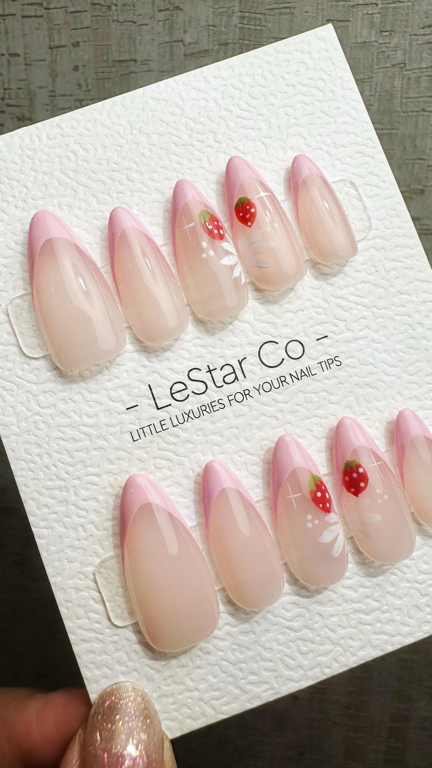 Reusable Strawberry Blossom Pink French Tip | Premium Press on Nails Gel Hand Painted Pressons Customizable Gel Nail fake nails WM951