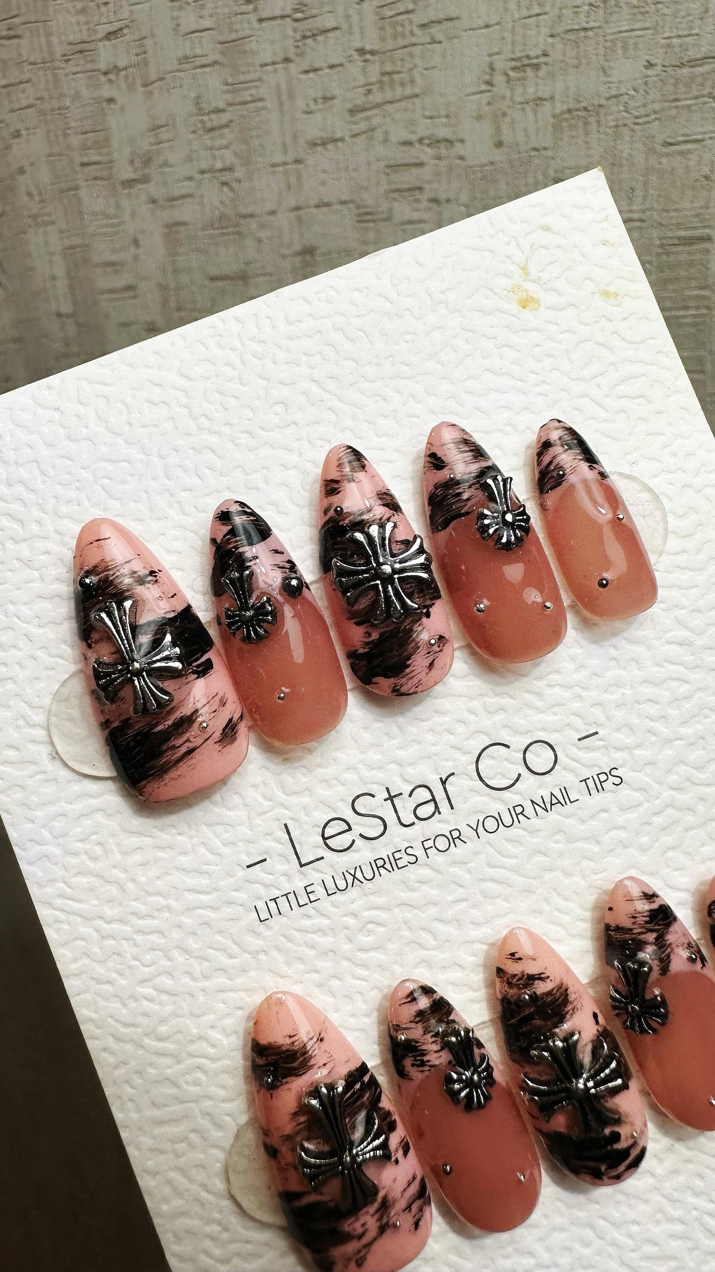 Reusable Marble Midnight Cross French Tip | Premium Press on Nails Gel Hand Painted Pressons Customizable Gel Nail fake nails WM952