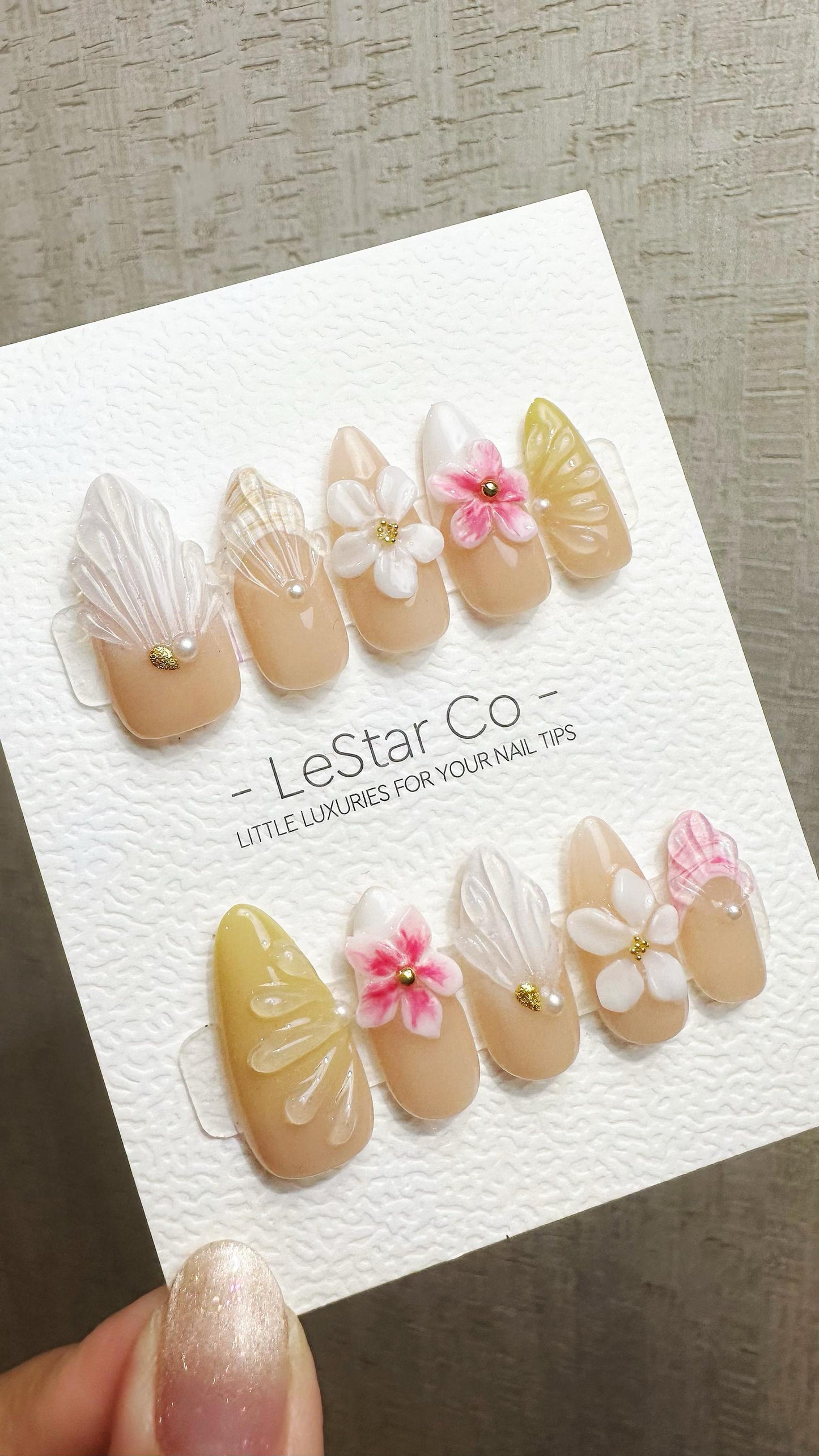 Reusable Nude Petal Serenity 3D Effect | Premium Press on Nails Gel Hand Painted Pressons Customizable Gel Nail Artist faux nails WM953
