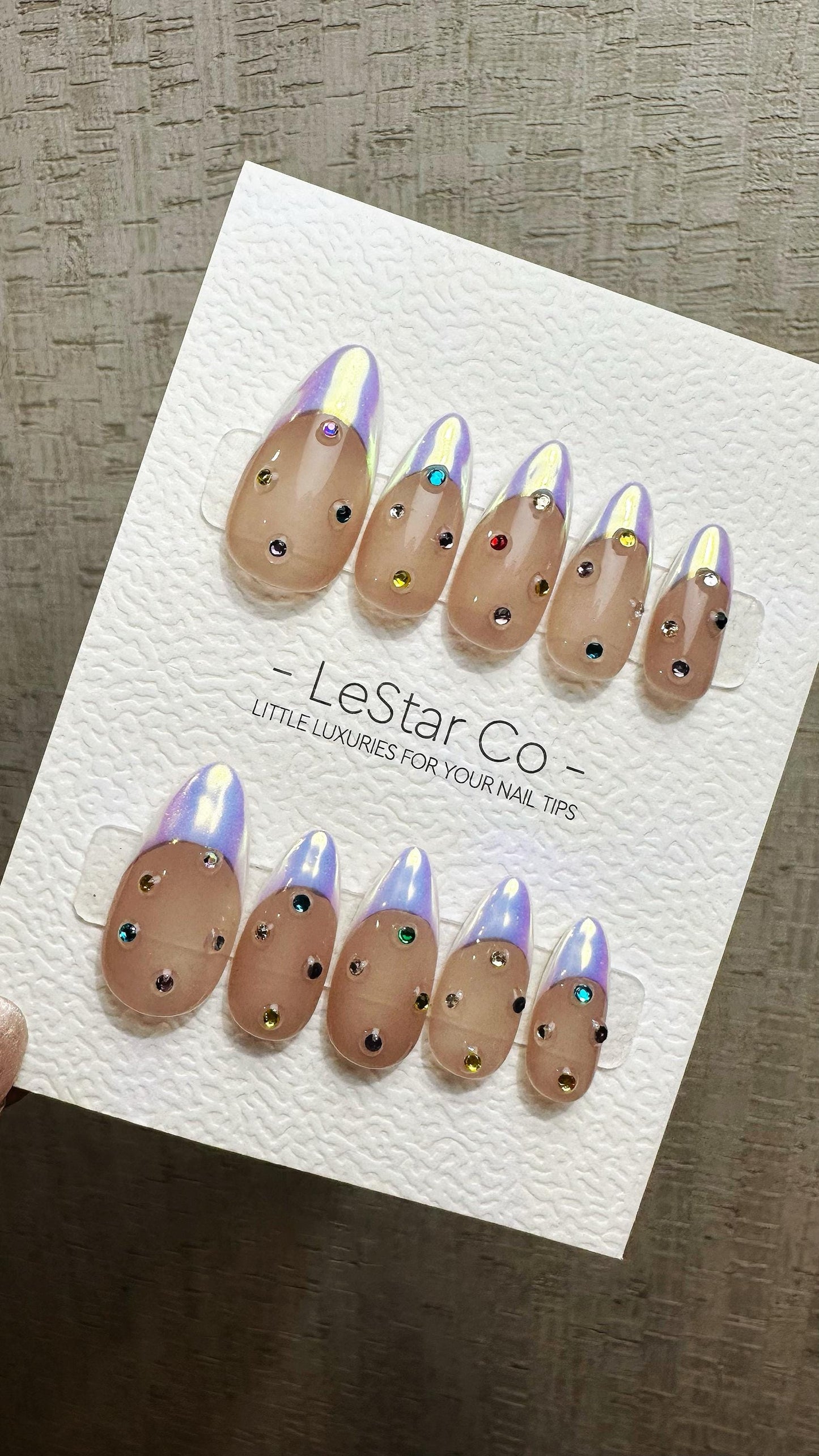 Reusable Iridescent Jewel Glow French Tip | Premium Press on Nails Gel Hand Painted Pressons Customizable Gel Nail Artist faux nails QN954