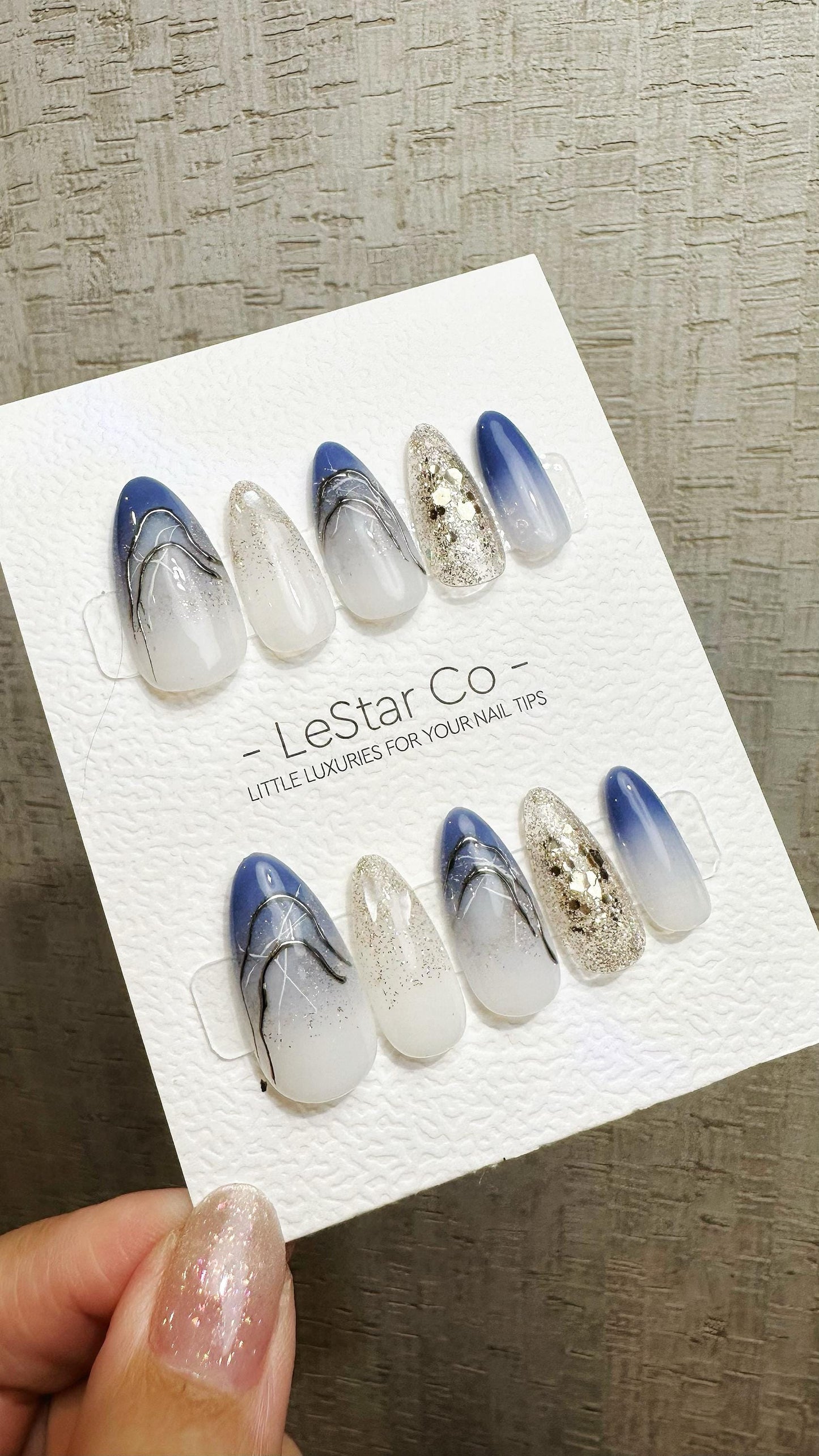 Reusable Frosty Blue Galaxy | Premium Press on Nails Gel Hand Painted Pressons Customizable Gel Nail Artist faux nails QN955