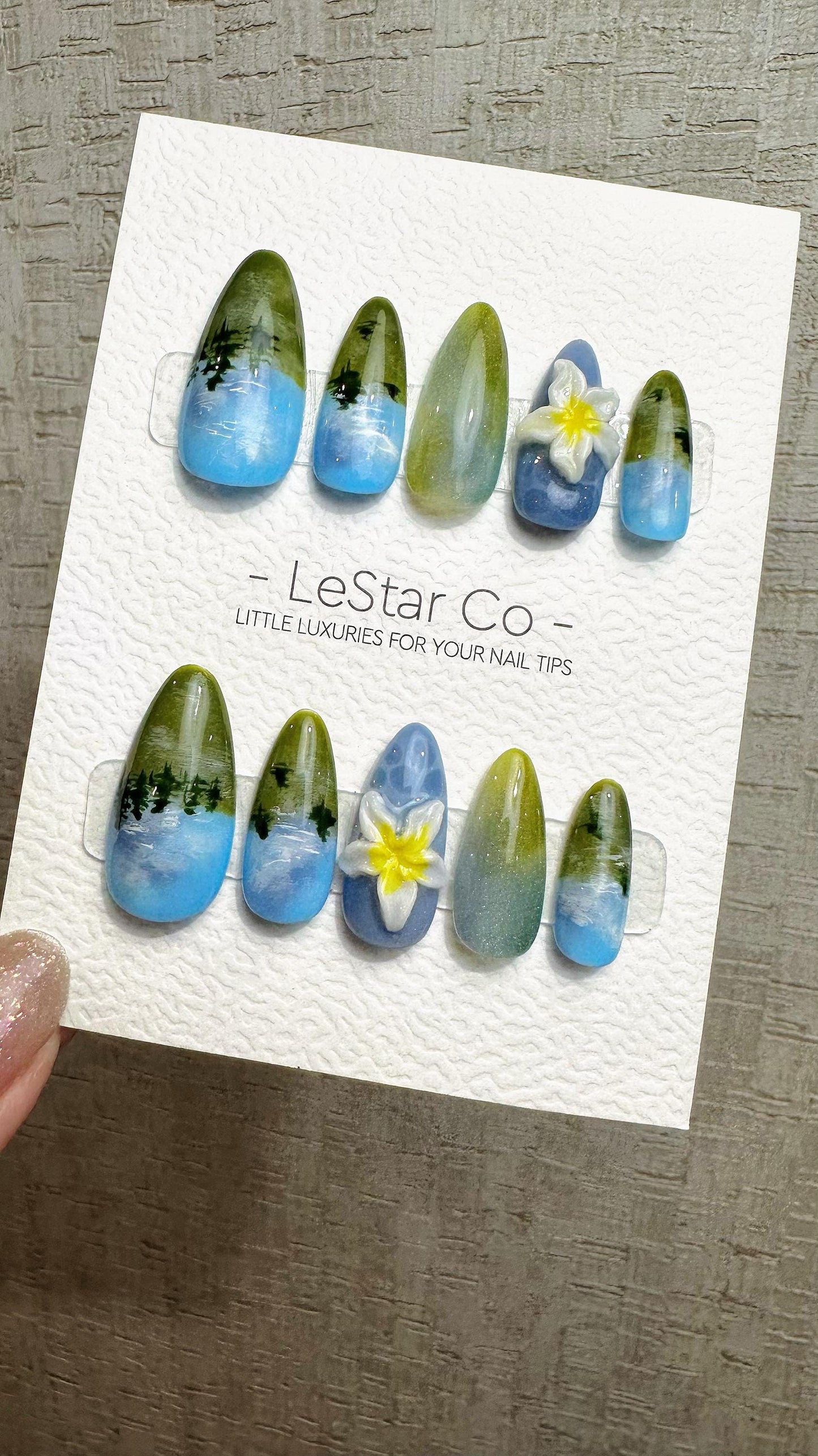Reusable Blue Forest Dreamscape | Premium Press on Nails Gel Hand Painted Pressons Customizable Gel Nail faux nails QN963