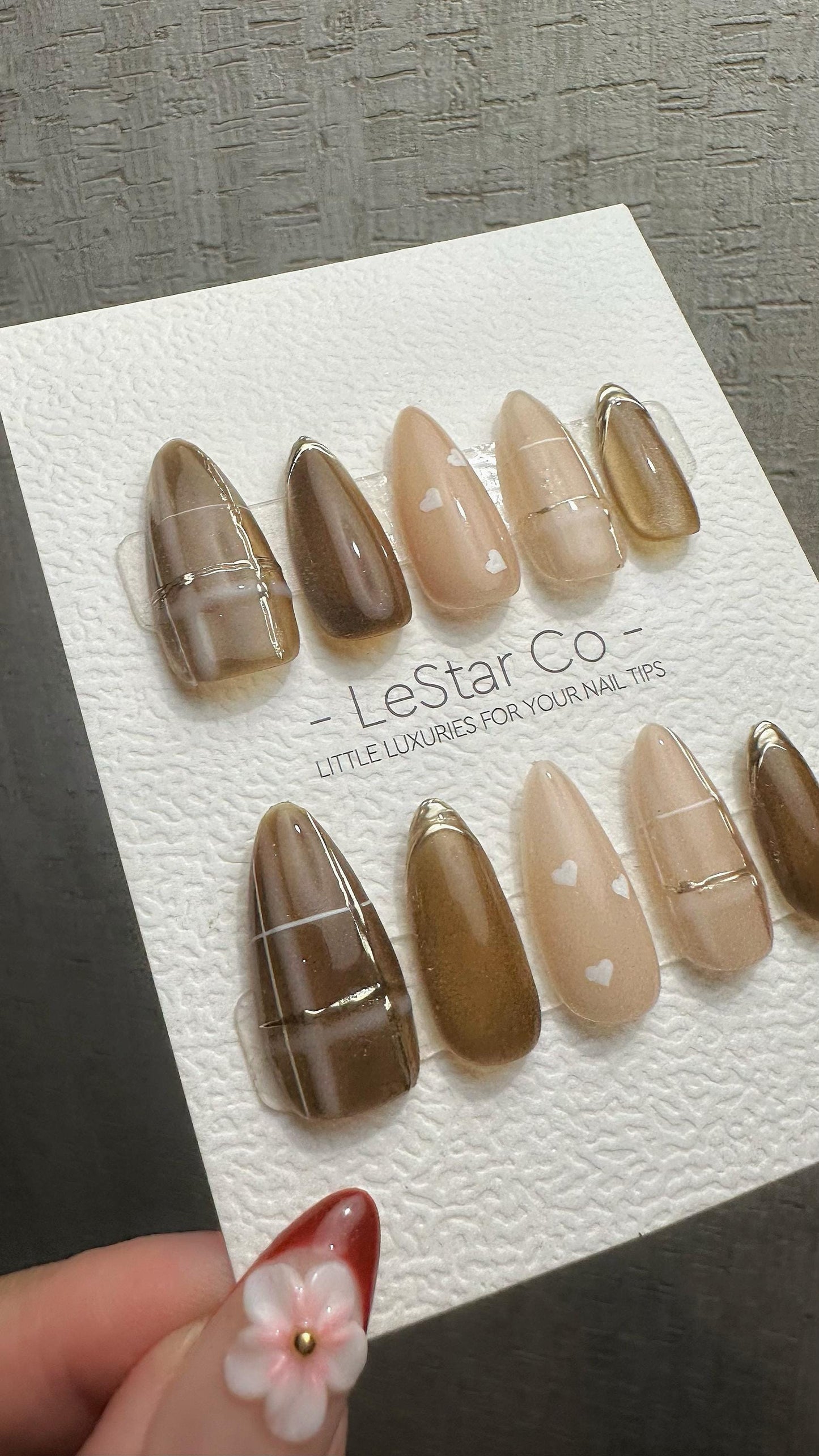 Reusable Toffee Heart Charm Cat Eye Effect| Premium Press on Nails Gel | Fake Nails | Cute Fun Colorful Gel Nail faux nails WM986