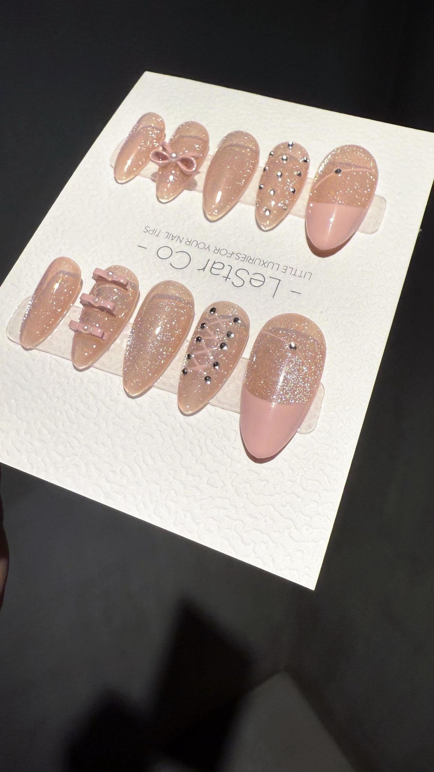 Reusable Pink Sparkling Lace Cat Eye Effect | Premium Press on Nails Gel | Fake Nails | Cute Fun Colorful Gel Nail Artist faux nails TMR1011