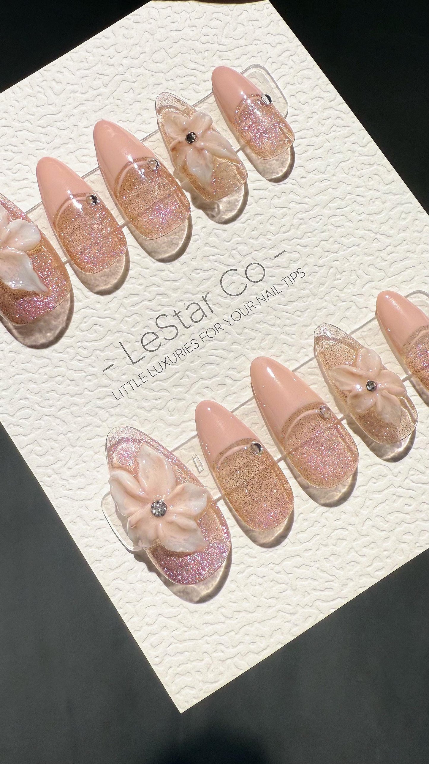 Reusable 3D Glitter Blossom Pink Cat Eye French Tip | Premium Press on Nails Gel | Fake Nails | Cute Fun Colorful Gel Nail Artist TMR999