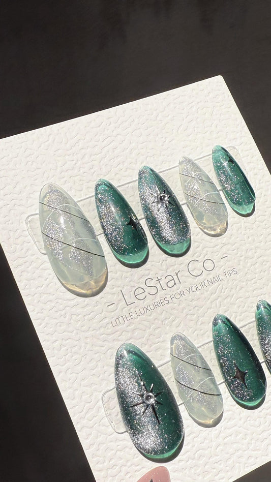 Reusable Teal Sparkle Cat Eye Effect | Premium Press on Nails Gel Hand Painted Pressons Customizable Gel Nail Artist faux nails TMR1006